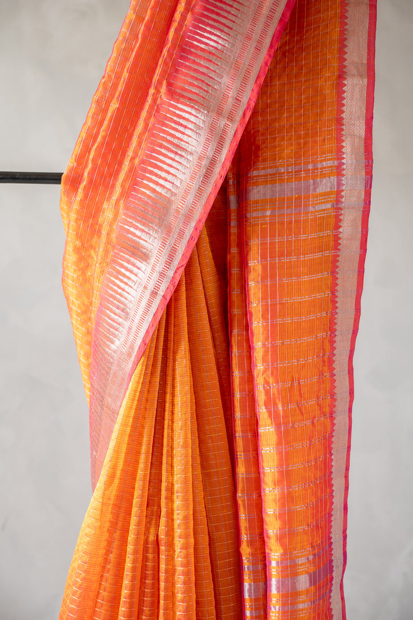 Orange Micro Check Mangalagiri Silk Cotton with Silver Zari Border Saree