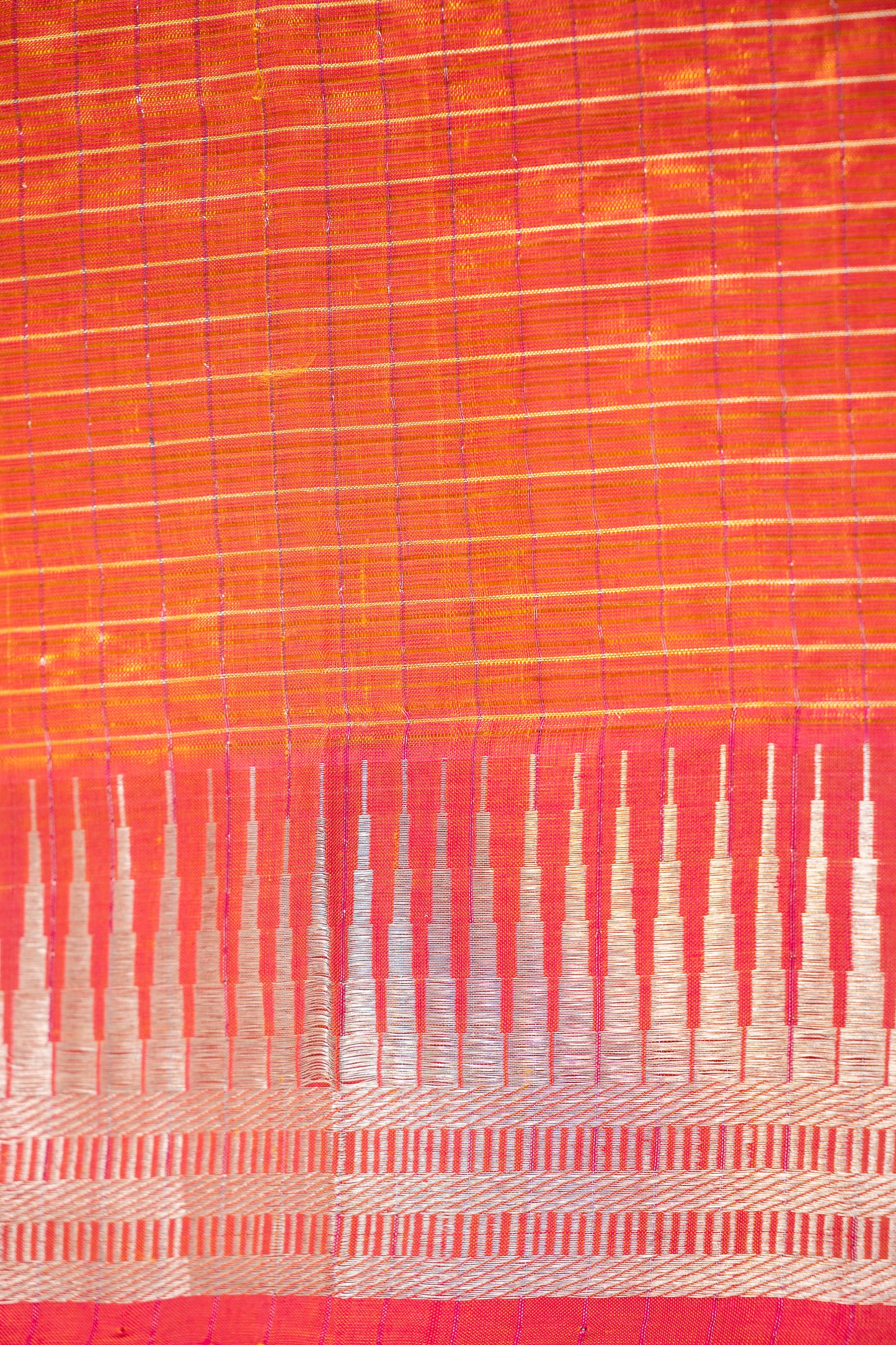 Orange Micro Check Mangalagiri Silk Cotton with Silver Zari Border Saree