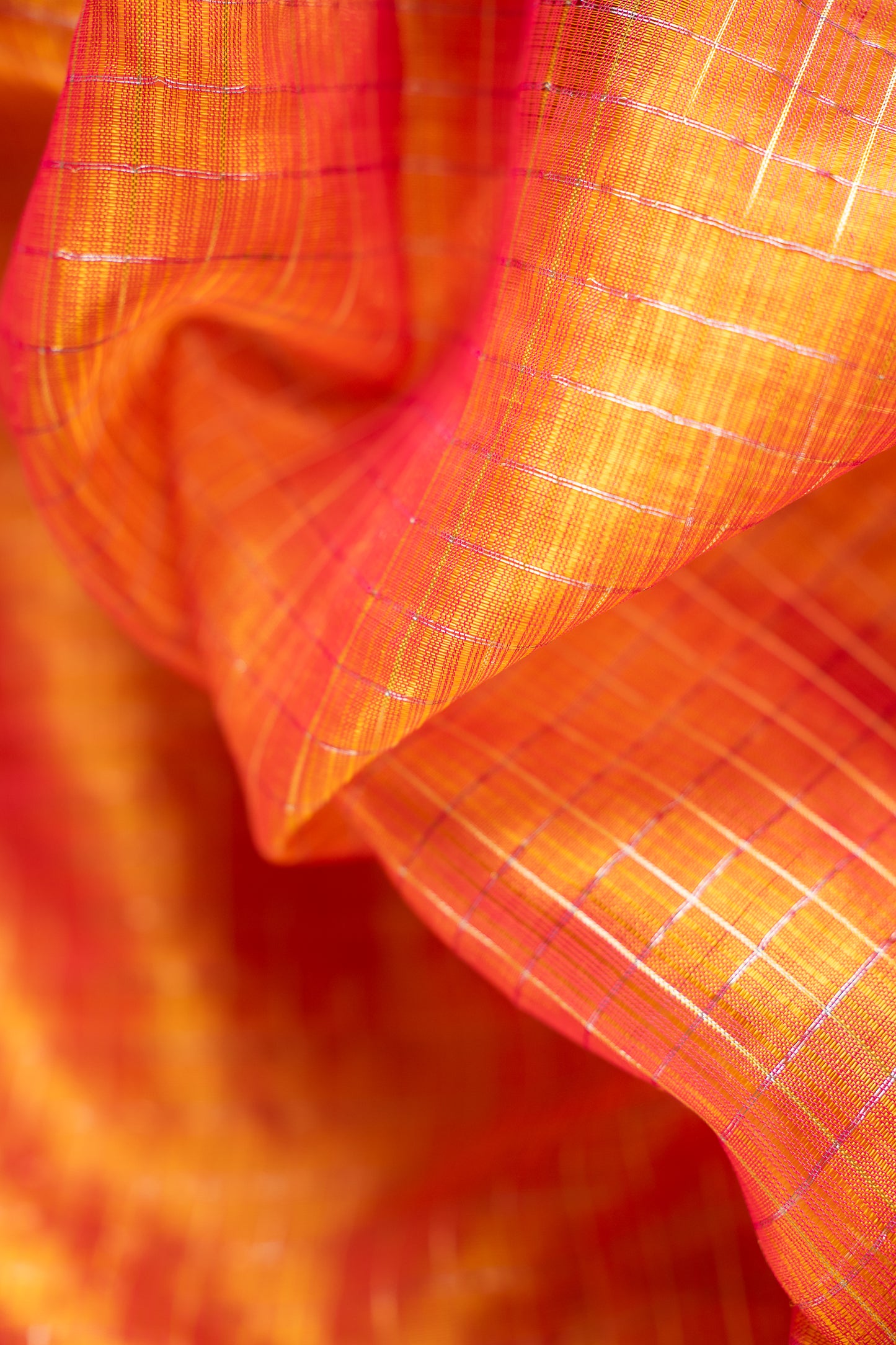 Orange Micro Check Mangalagiri Silk Cotton with Silver Zari Border Saree