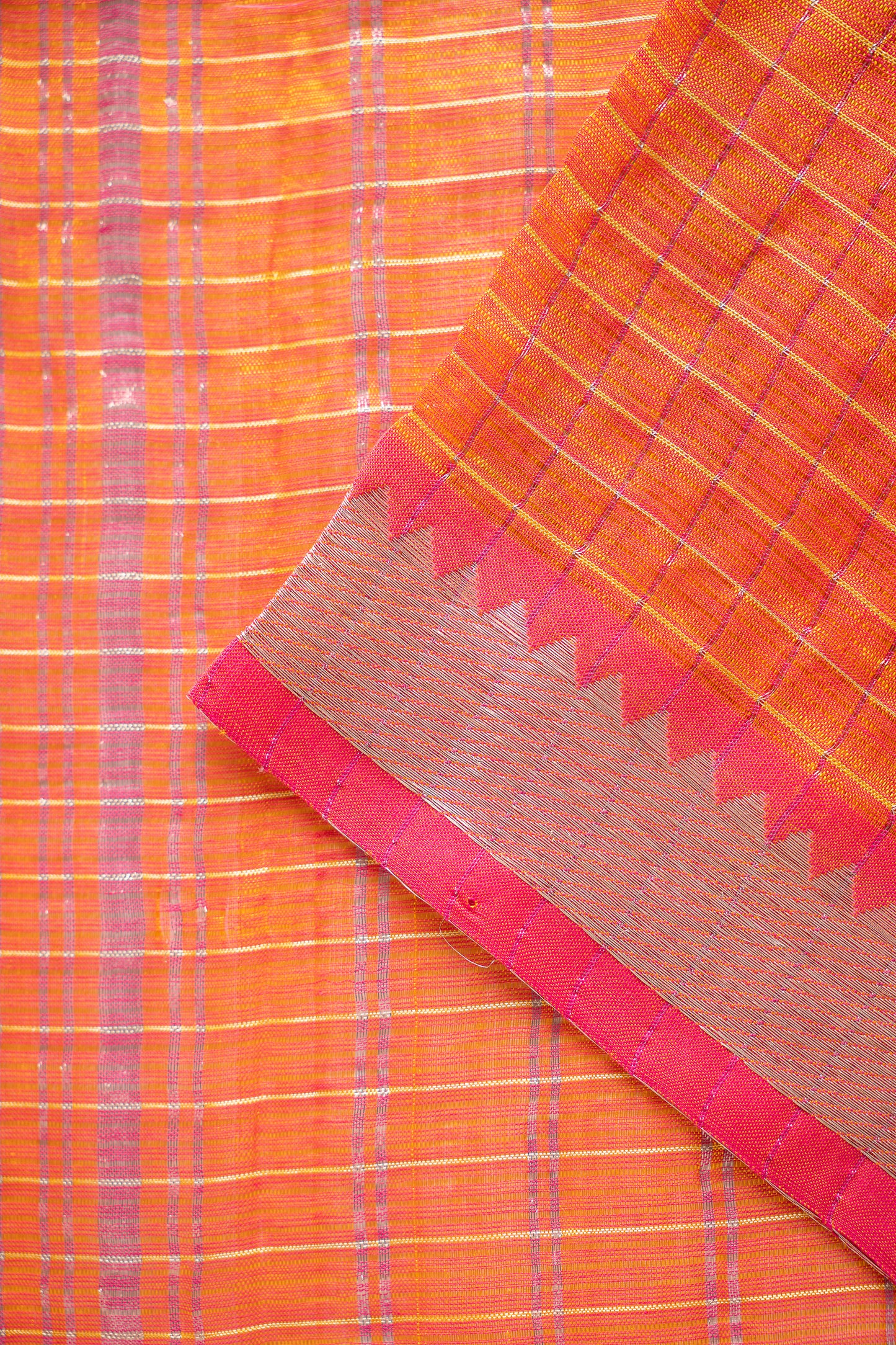 Orange Micro Check Mangalagiri Silk Cotton with Silver Zari Border Saree