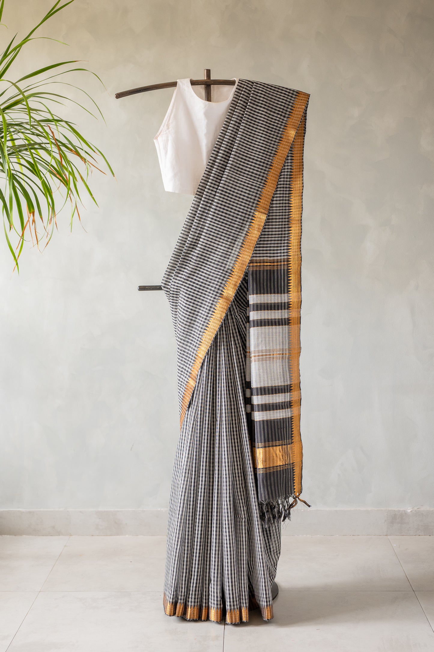 Black and White Check Mangalagiri Cotton with Zari Border Saree