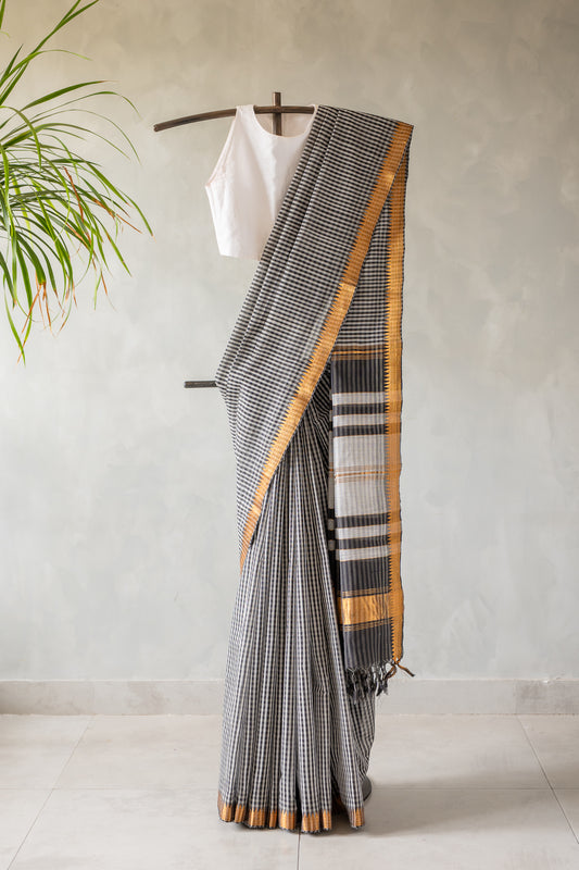 Black and White Check Mangalagiri Cotton with Zari Border Saree