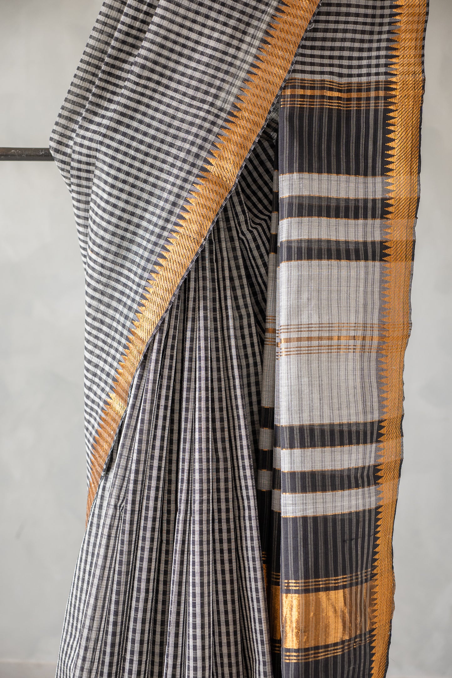 Black and White Check Mangalagiri Cotton with Zari Border Saree