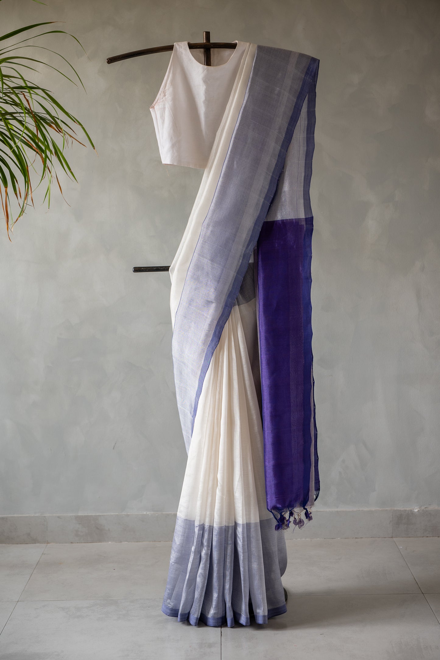 Off White Plain Mangalagiri Silk Cotton with Violet Border Saree
