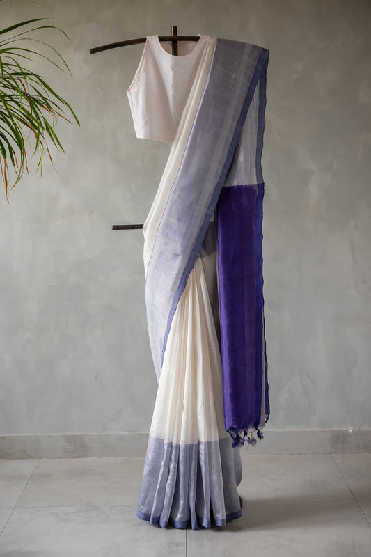 Off White Plain Mangalagiri Silk Cotton with Violet Border Saree