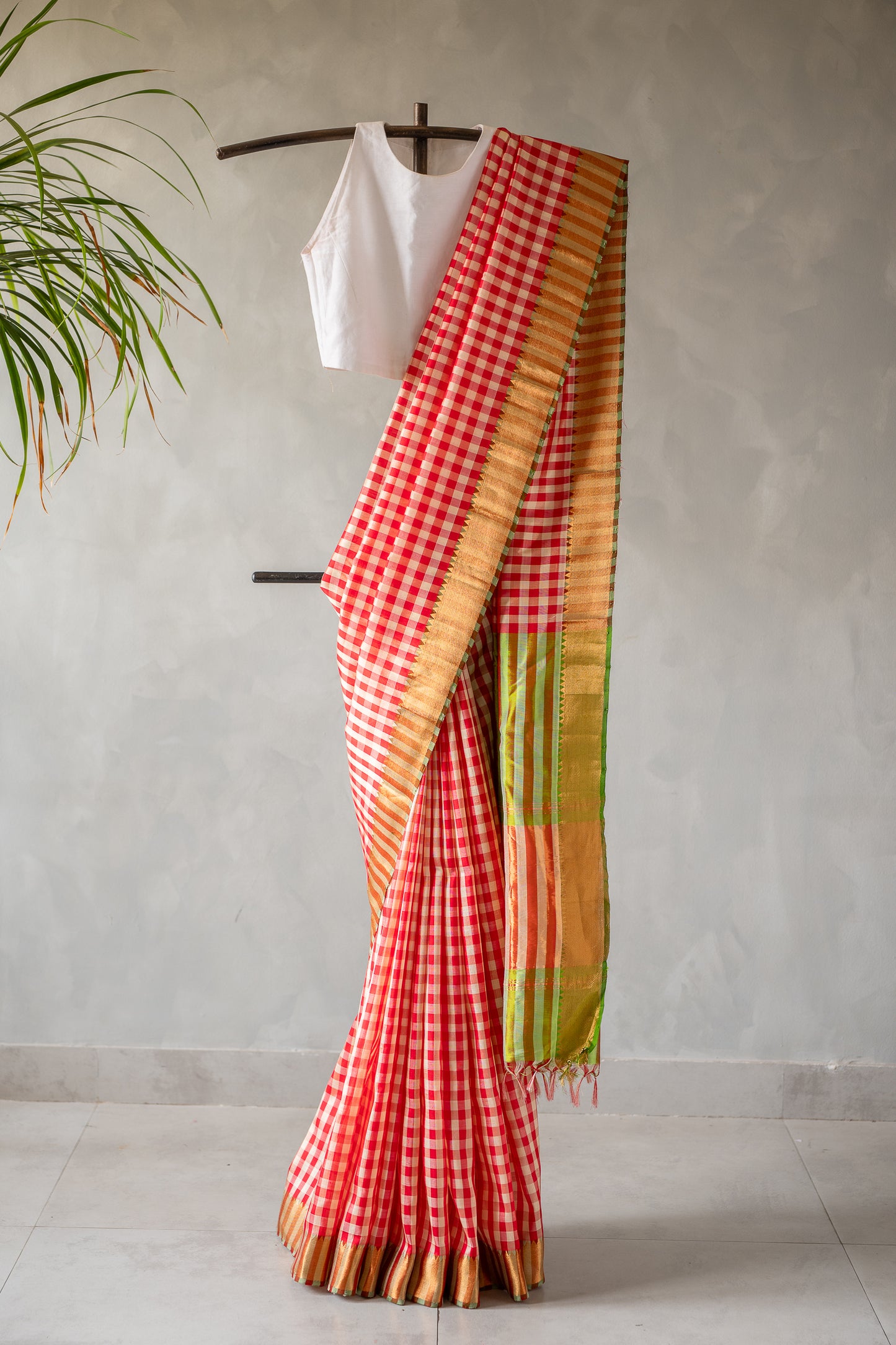 Red and Off White Check Silk with Zari Border Saree