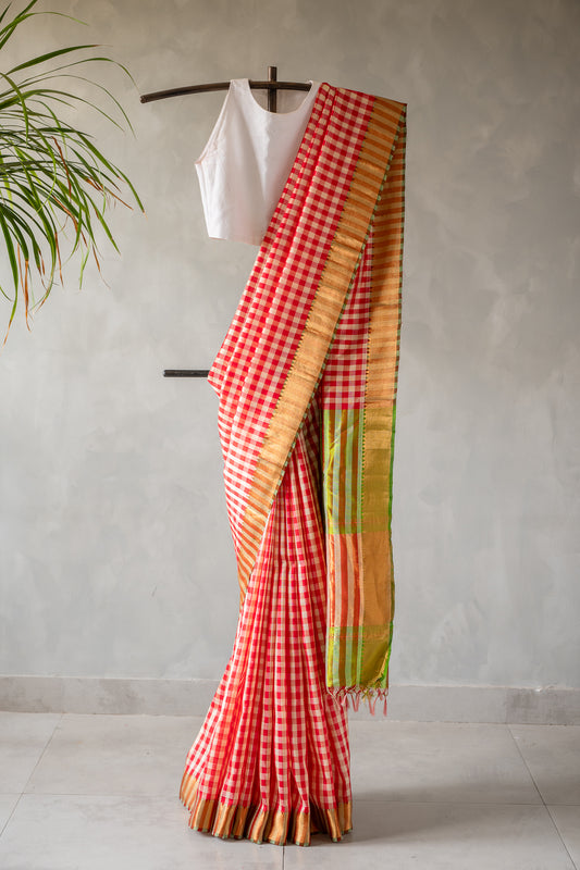 Red and Off White Check Silk with Zari Border Saree