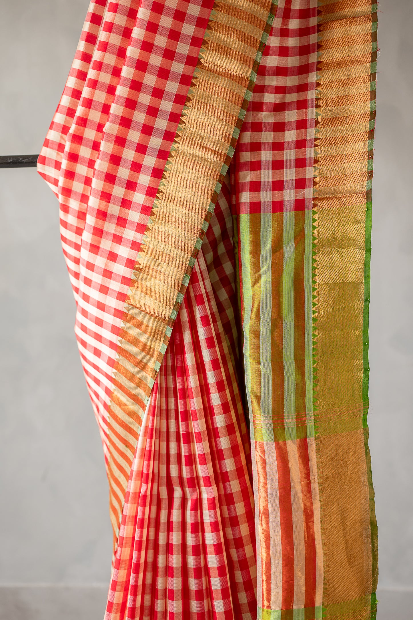 Red and Off White Check Silk with Zari Border Saree