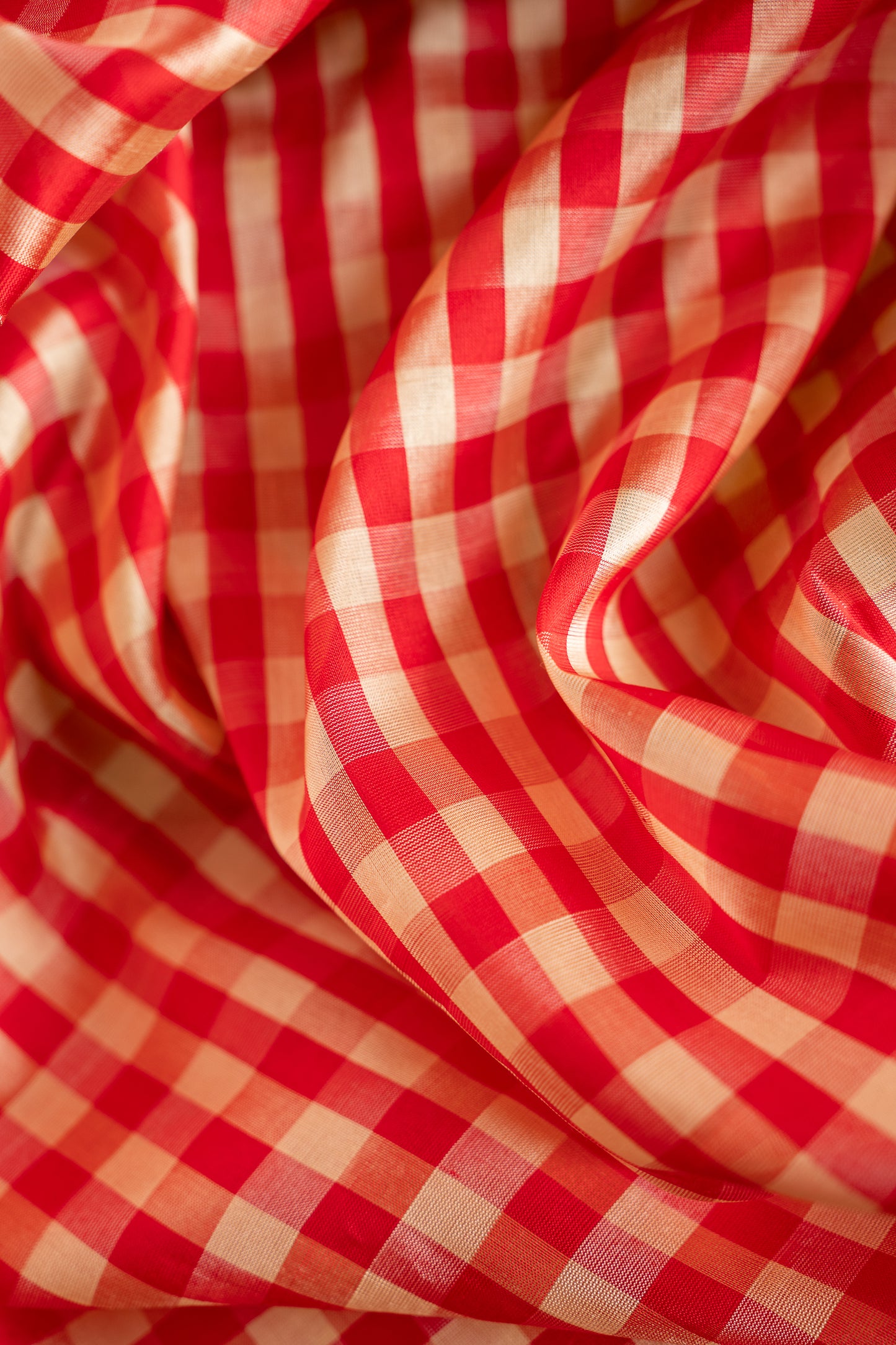 Red and Off White Check Silk with Zari Border Saree