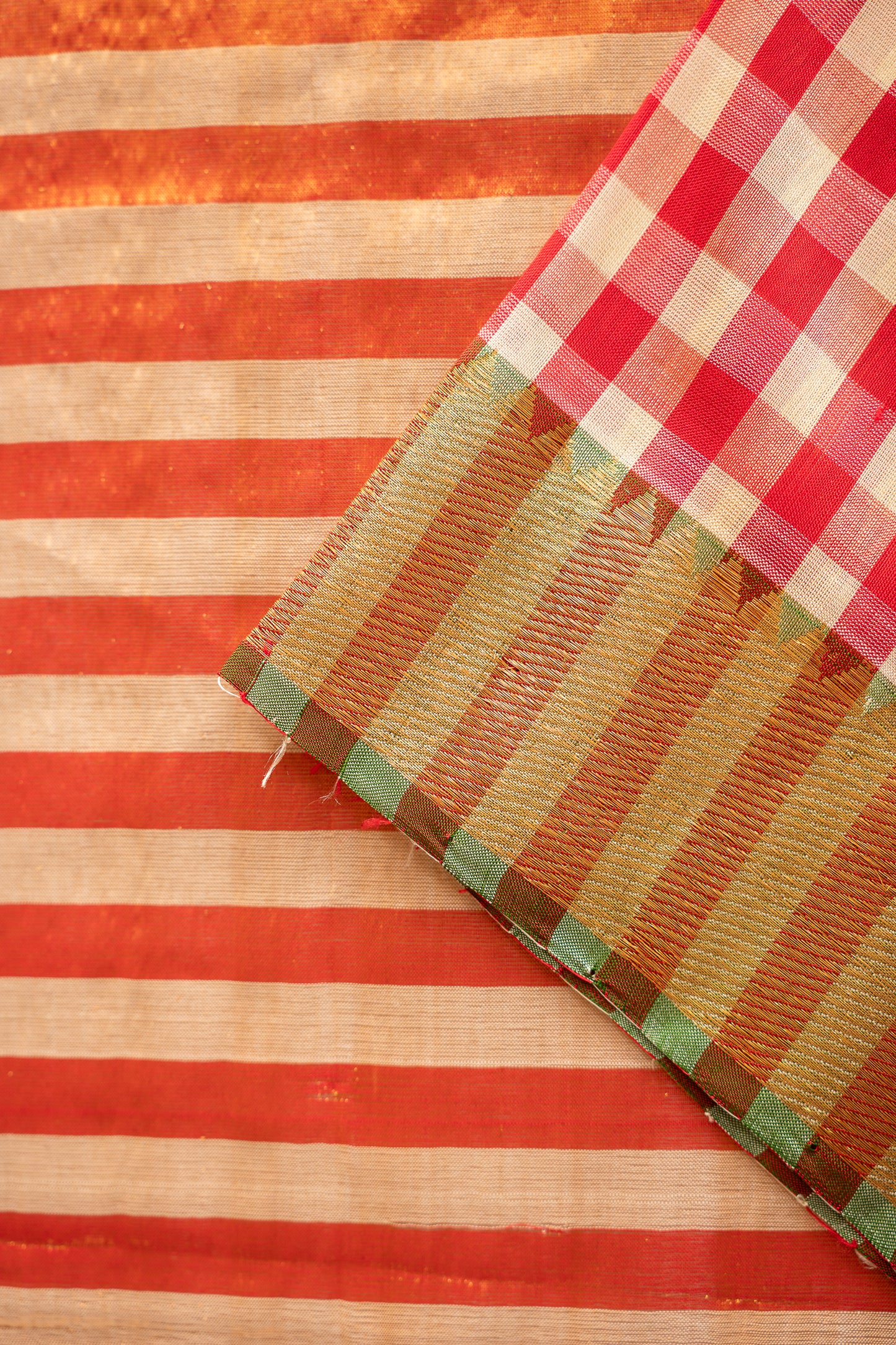 Red and Off White Check Silk with Zari Border Saree