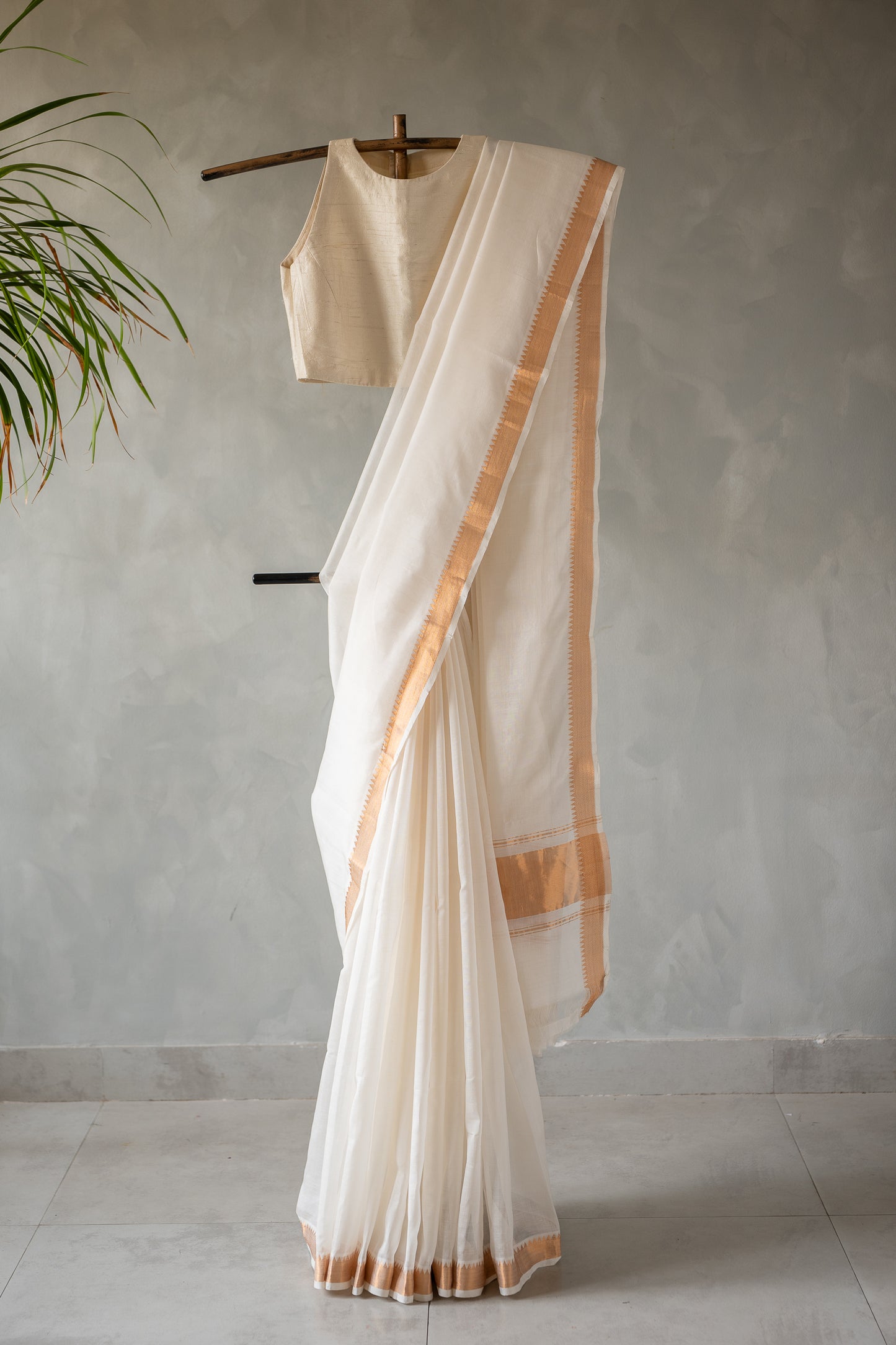 Off White Plain Silk Cotton with Zari Border Saree