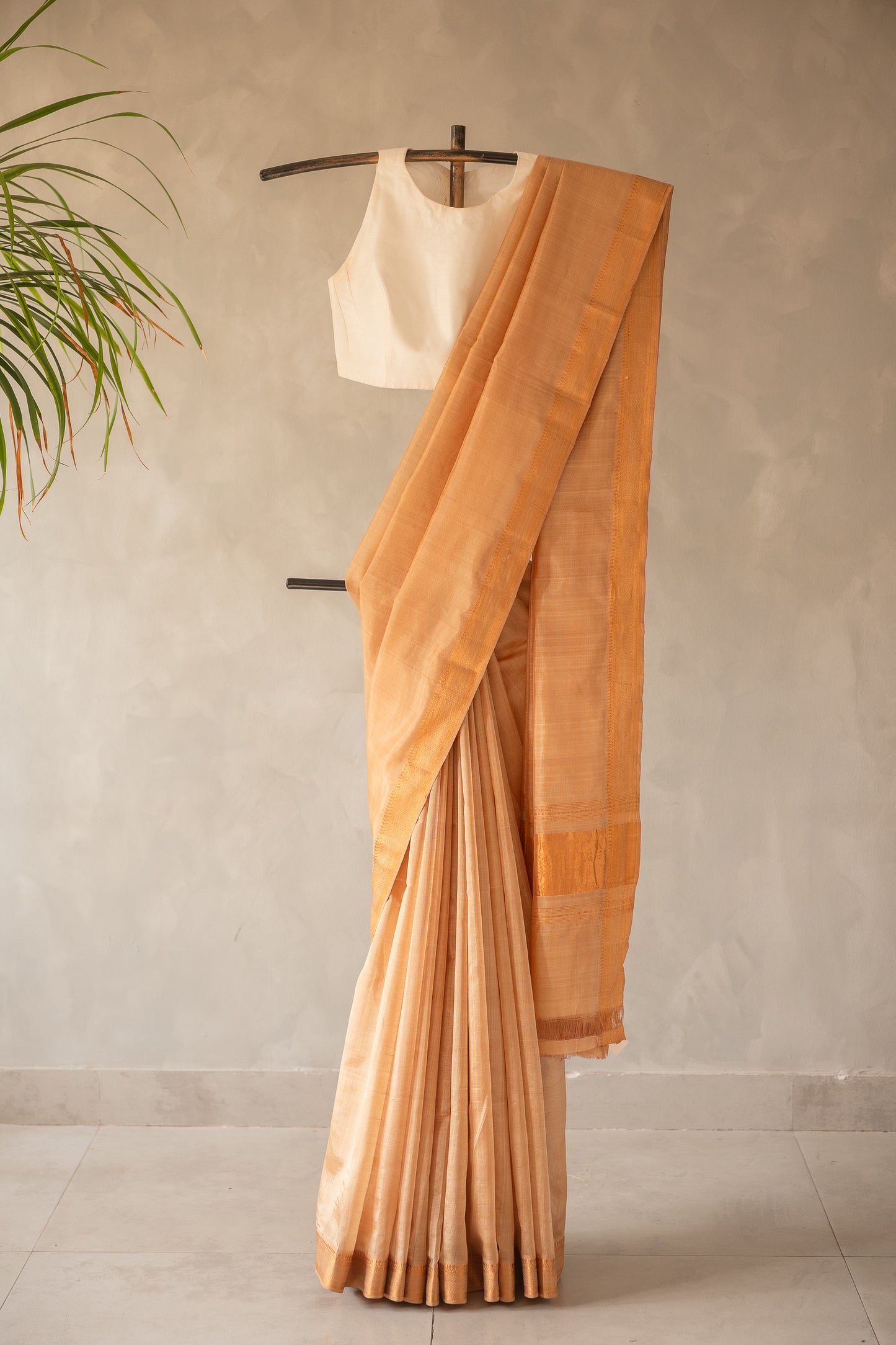 Beige Plain Tussar Silk Cotton Saree