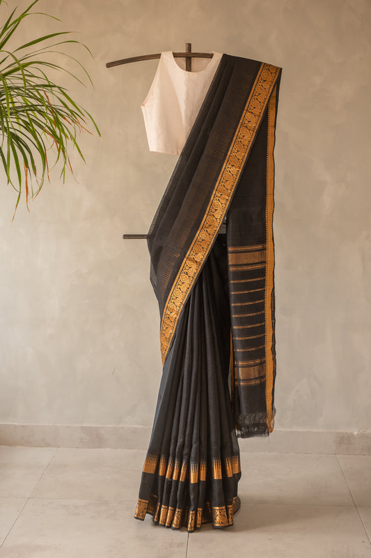 Black Plain Mangalagiri Silk Cotton with Zari Border Saree