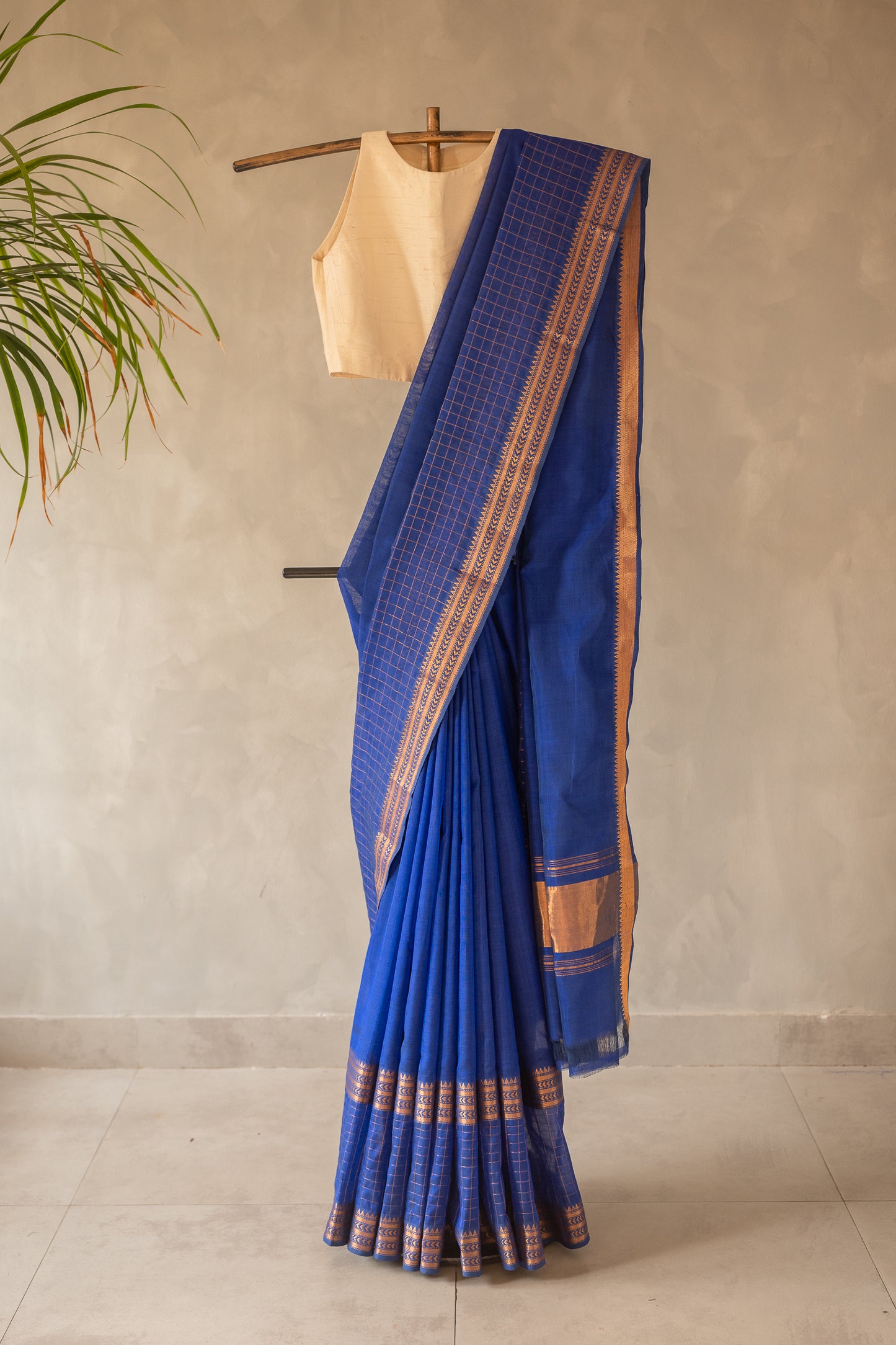 Royal Blue Plain Mangalagiri Silk Cotton with Zari Border Saree