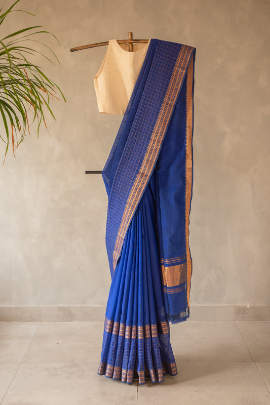 Royal Blue Plain Mangalagiri Silk Cotton with Zari Border Saree
