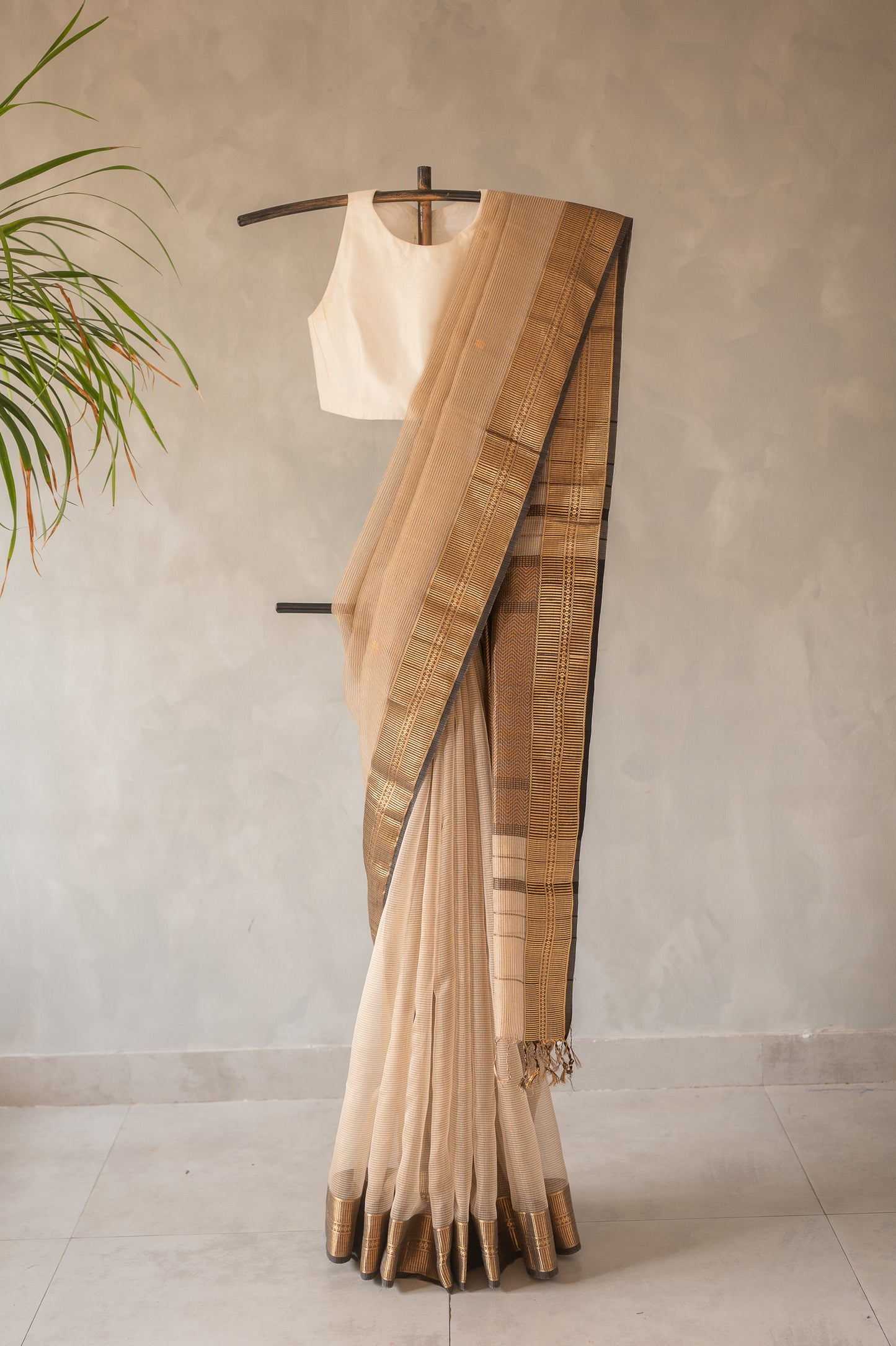 Beige Micro Check Silk Cotton with Geometric Zari Border Saree