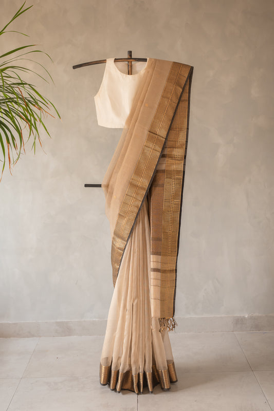 Beige Micro Check Silk Cotton with Geometric Zari Border Saree