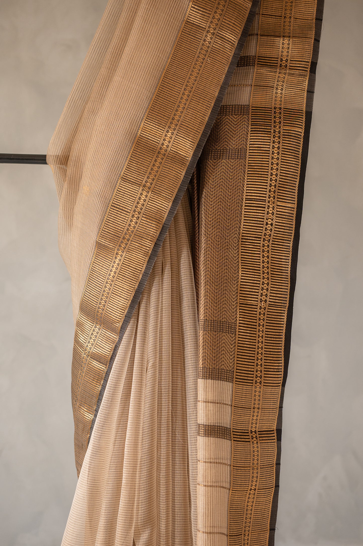 Beige Micro Check Silk Cotton with Geometric Zari Border Saree