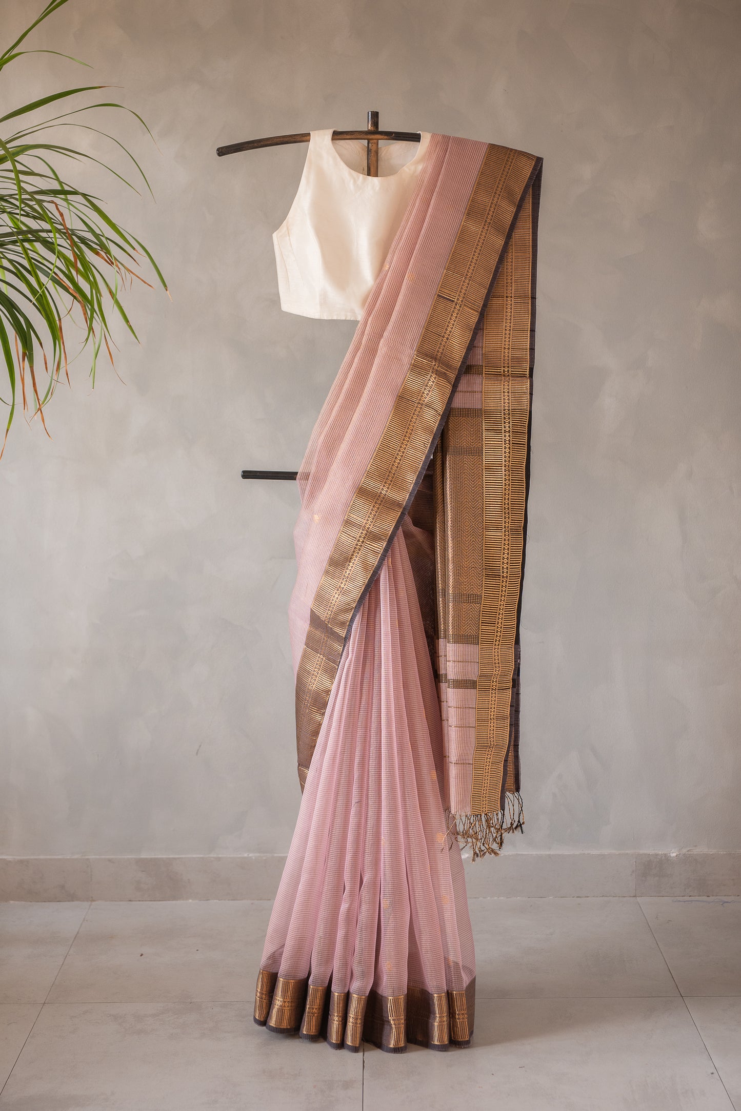 Blush Pink Micro Check Silk Cotton with Geometric Zari Border Saree