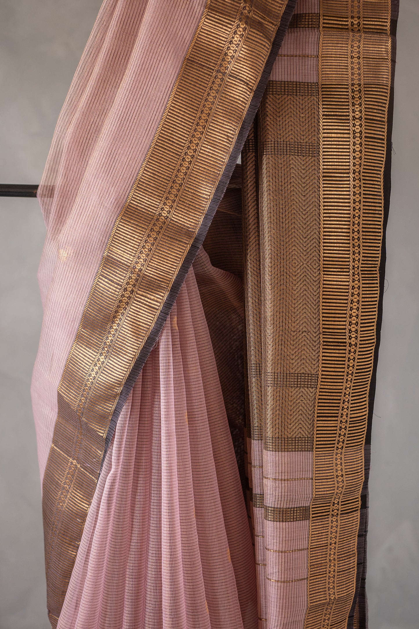 Blush Pink Micro Check Silk Cotton with Geometric Zari Border Saree