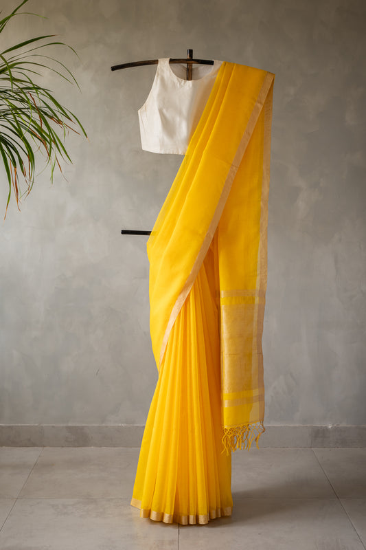 Bright Yellow Plain Mangalagiri Cotton with Silver Zari Border Saree