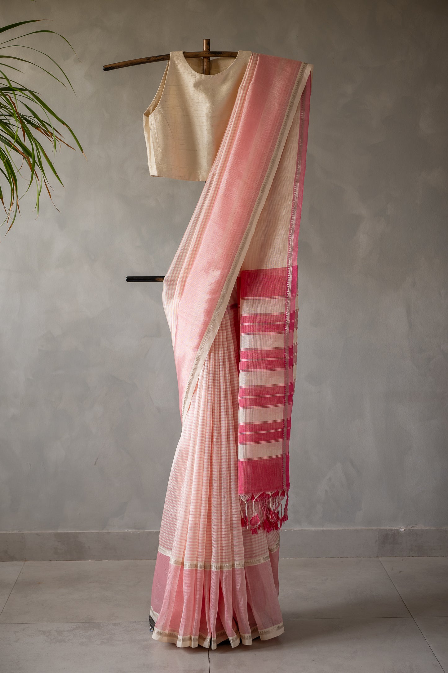 Blush Pink Stripe Mangalagiri Silk Cotton with Pink Pallu Saree