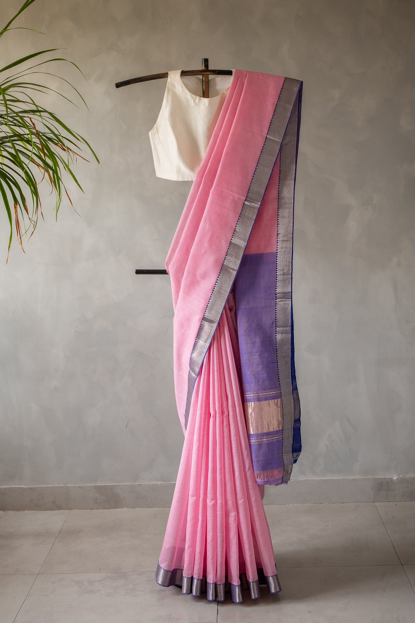 Baby Pink Mini Checks Maheswari Silk Cotton with Lavender Border