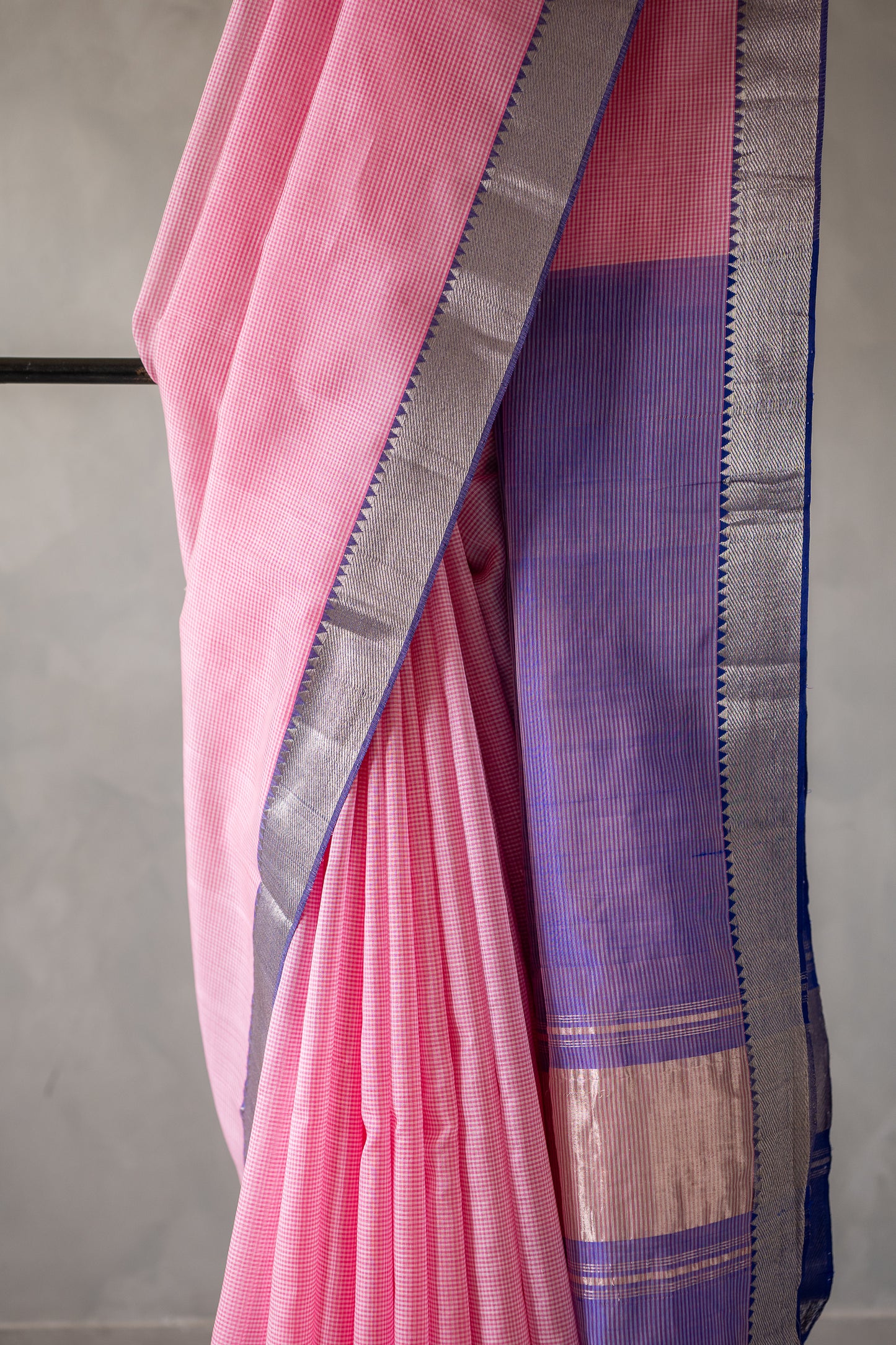 Baby Pink Mini Checks Maheswari Silk Cotton with Lavender Border