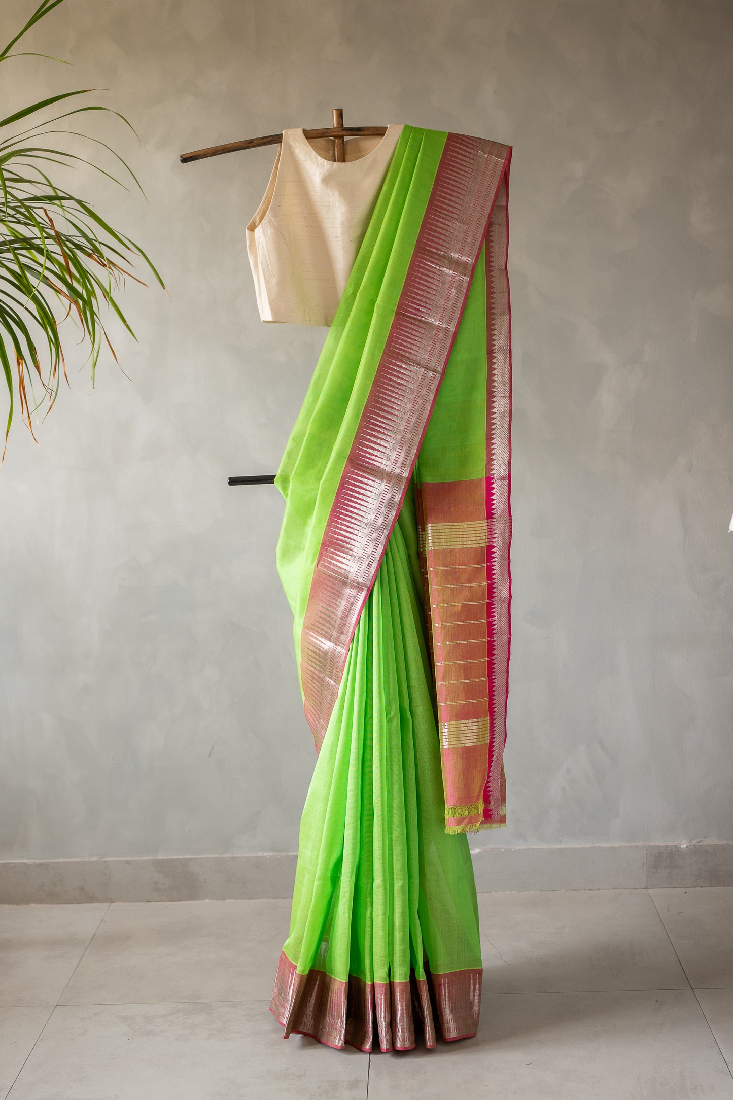 Flourescent Green Mangalagiri Silk Cotton with Pink Silver Zari Border Saree