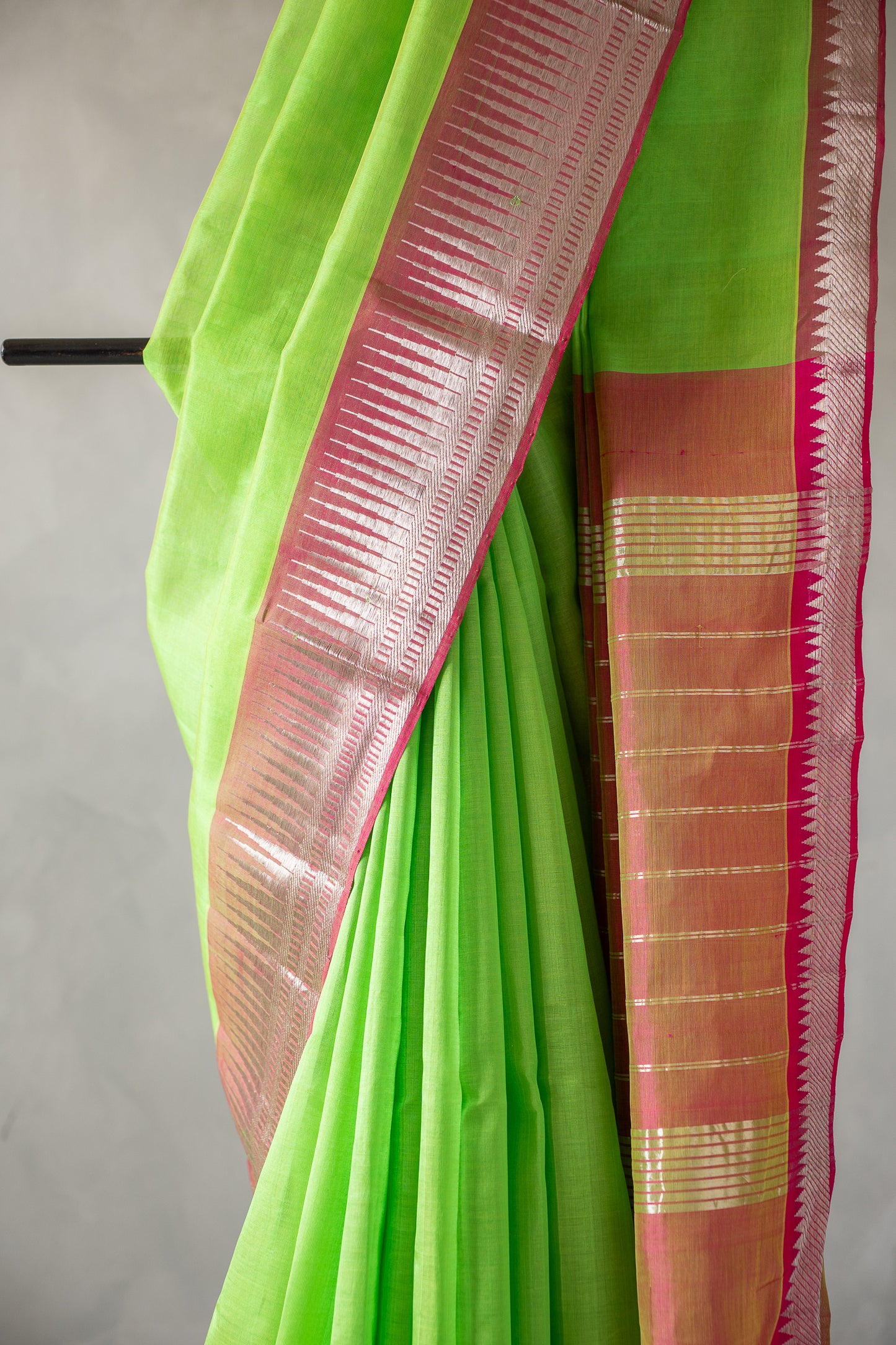 Flourescent Green Mangalagiri Silk Cotton with Pink Silver Zari Border Saree
