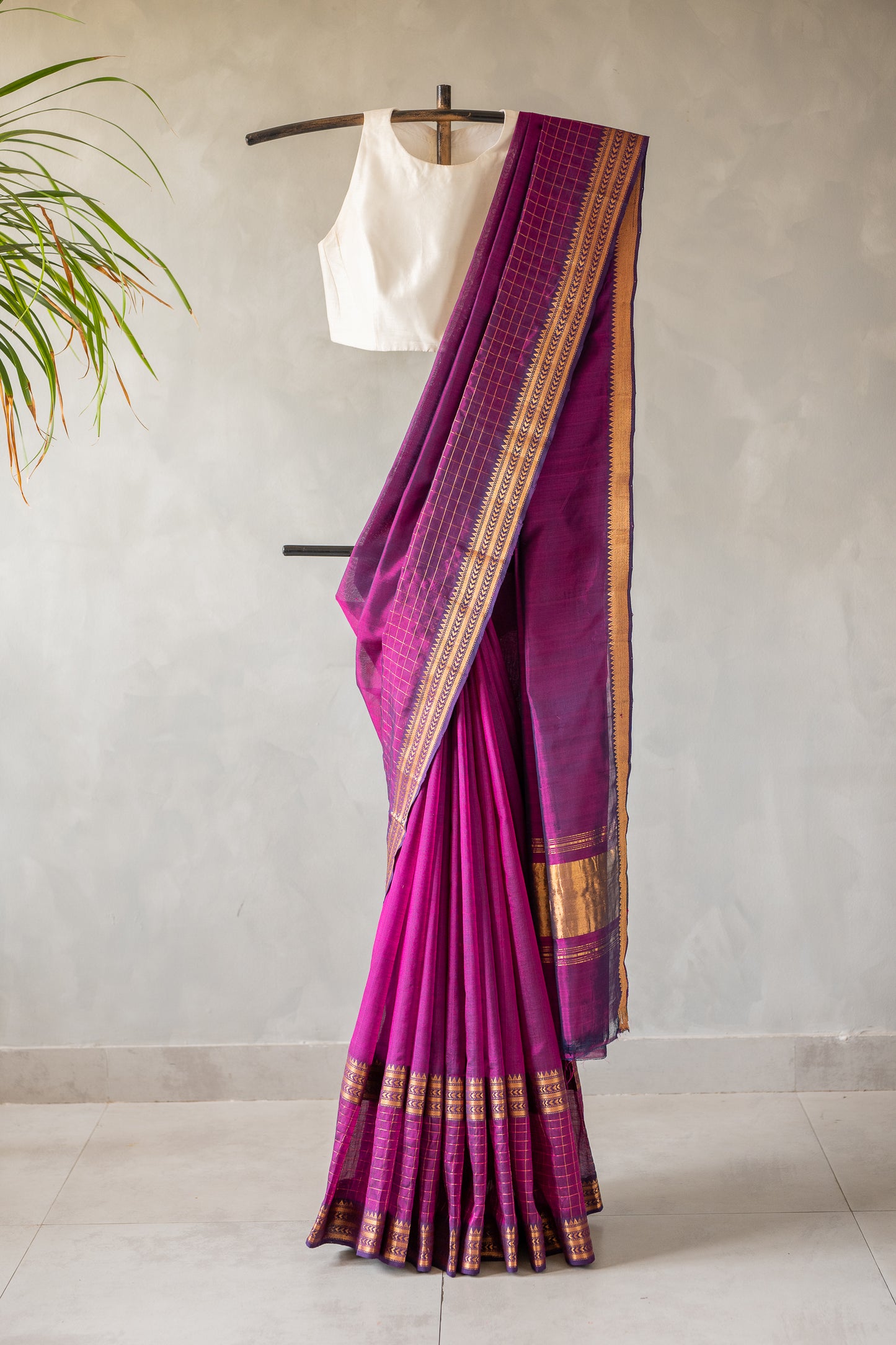 Dark Purple Plain Mangalagiri Silk Cotton with Zari Border Saree