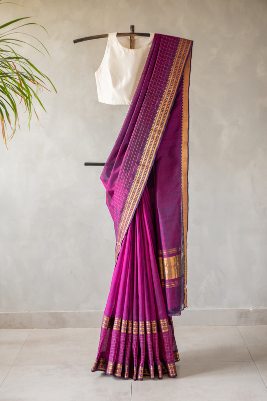 Dark Purple Plain Mangalagiri Silk Cotton with Zari Border Saree
