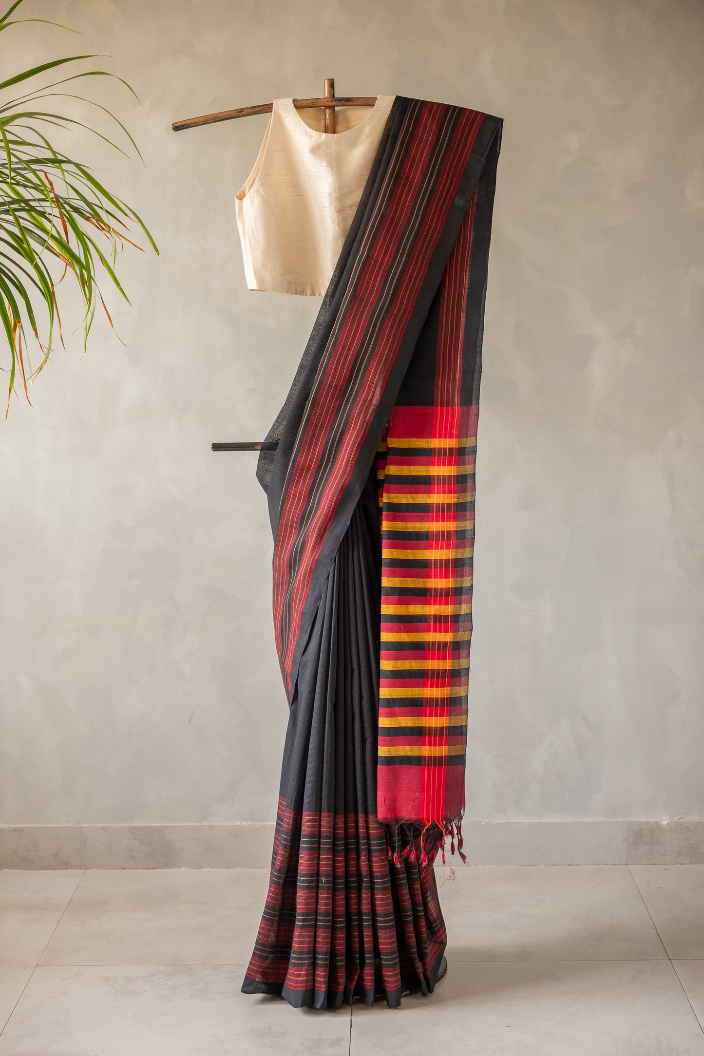 Plain Black Mangalagiri Cotton with Striped Border and Pallu Saree