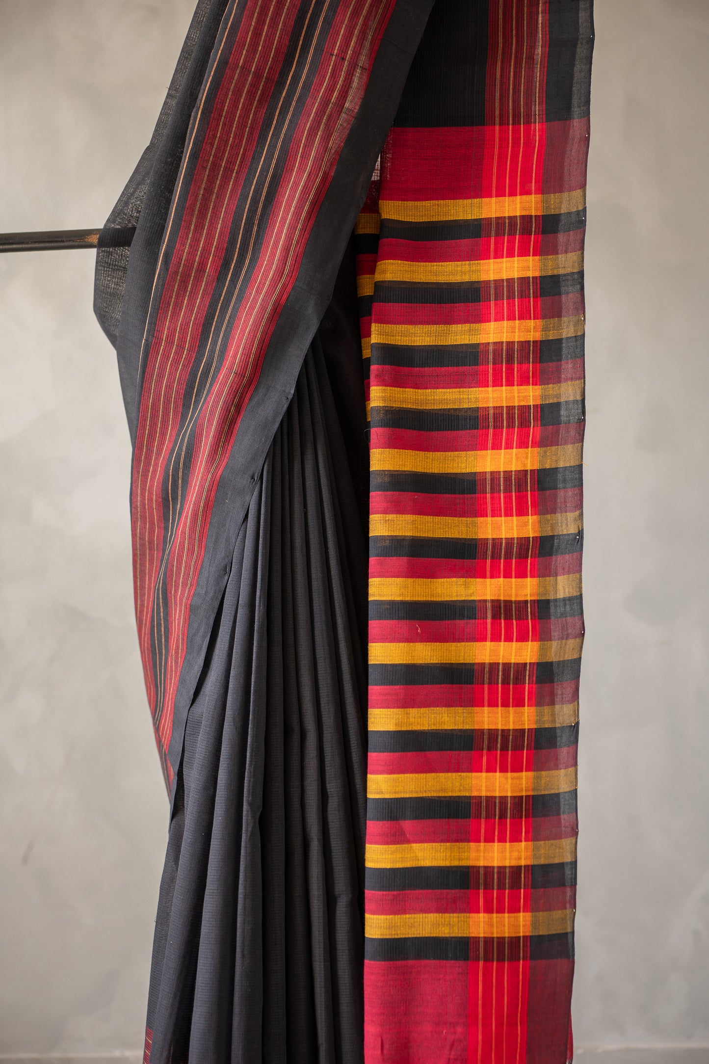 Plain Black Mangalagiri Cotton with Striped Border and Pallu Saree