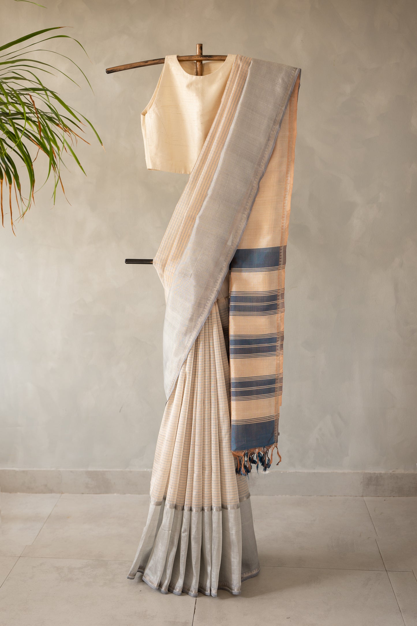Off White Stripe Mangalagiri Silk Cotton with  Blue Grey Border Saree