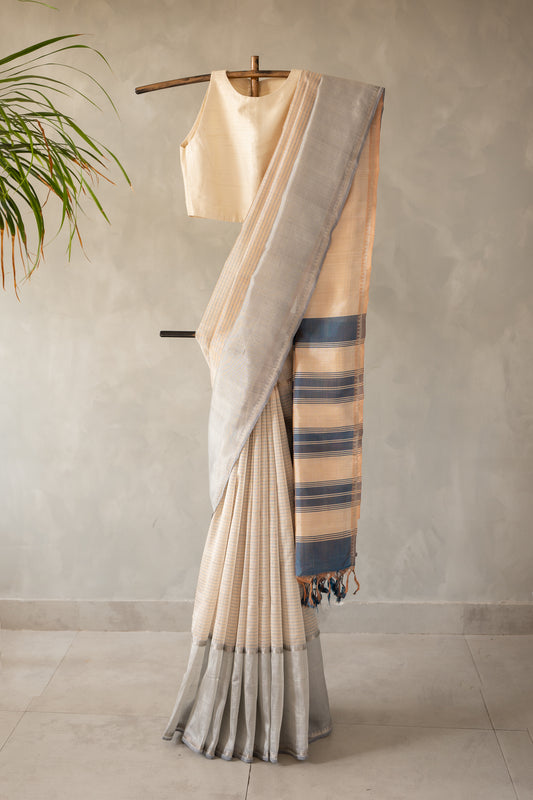Off White Stripe Mangalagiri Silk Cotton with  Blue Grey Border Saree