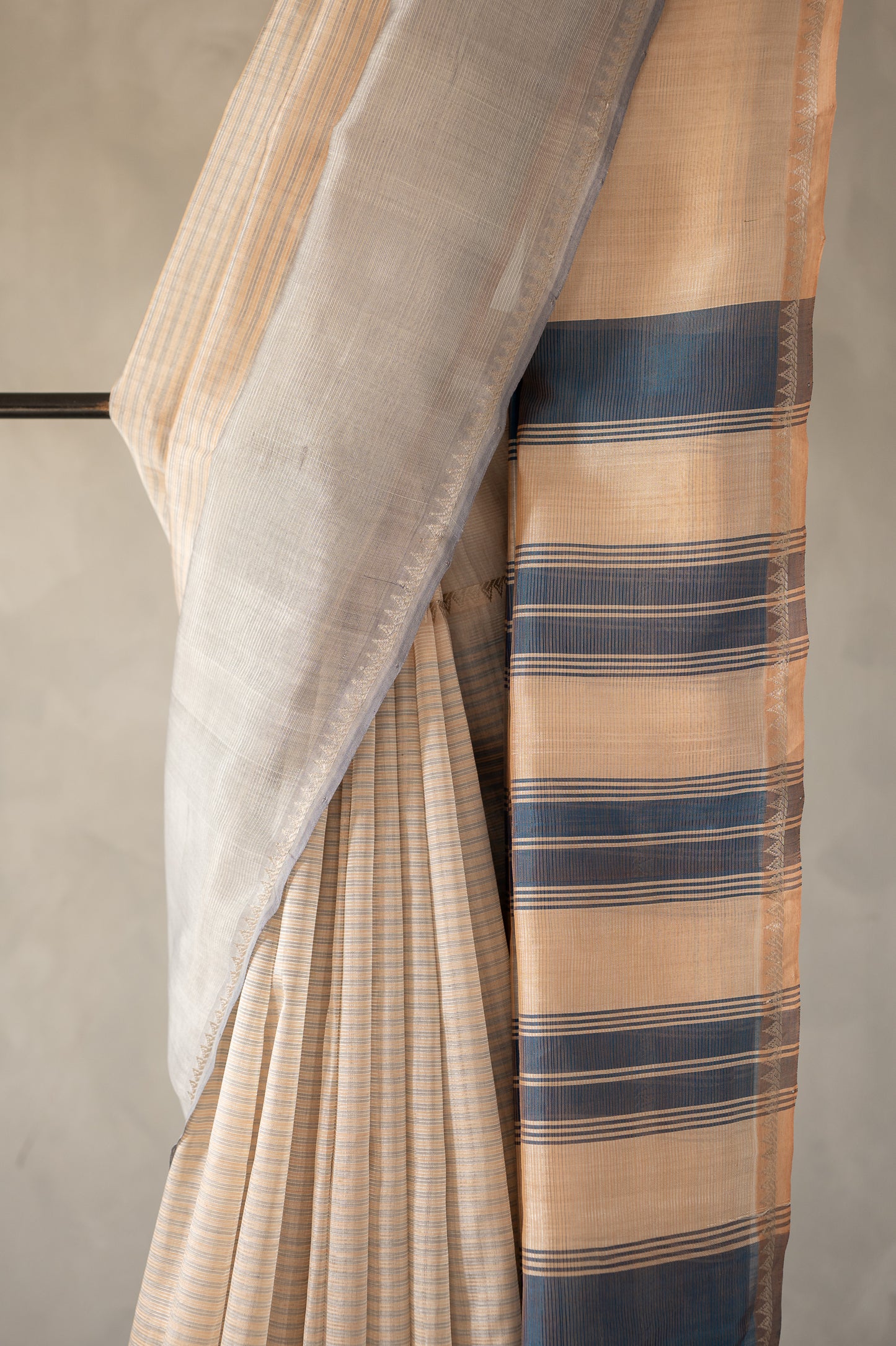 Off White Stripe Mangalagiri Silk Cotton with  Blue Grey Border Saree