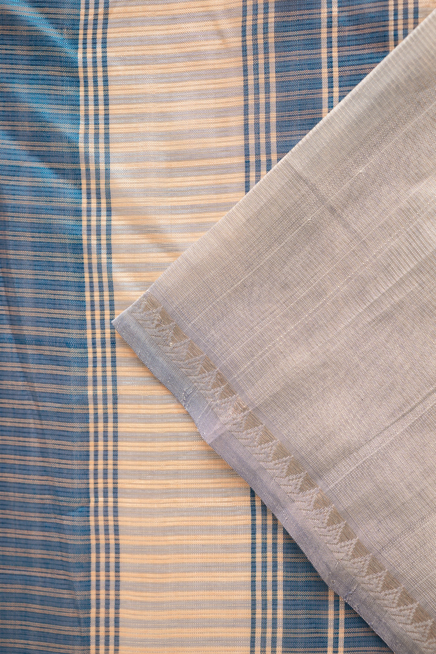 Off White Stripe Mangalagiri Silk Cotton with  Blue Grey Border Saree