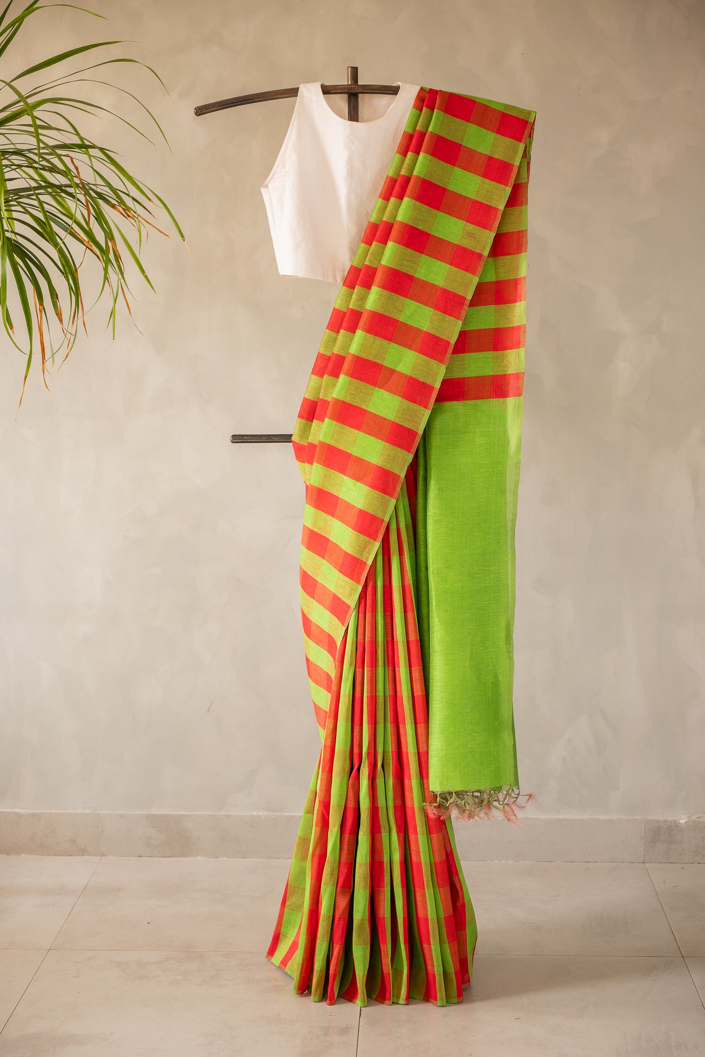 Green and Red Checks Linen Silk with Plain Green Pallu Saree