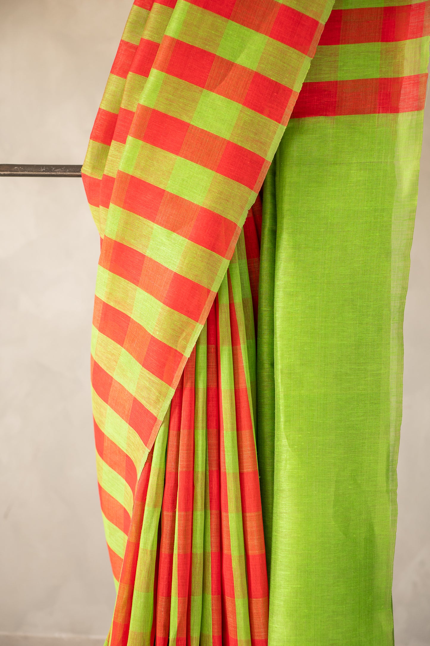 Green and Red Checks Linen Silk with Plain Green Pallu Saree