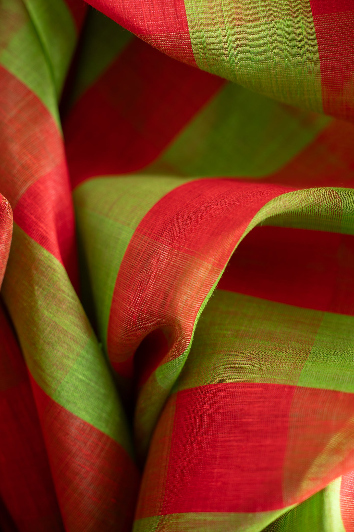 Green and Red Checks Linen Silk with Plain Green Pallu Saree