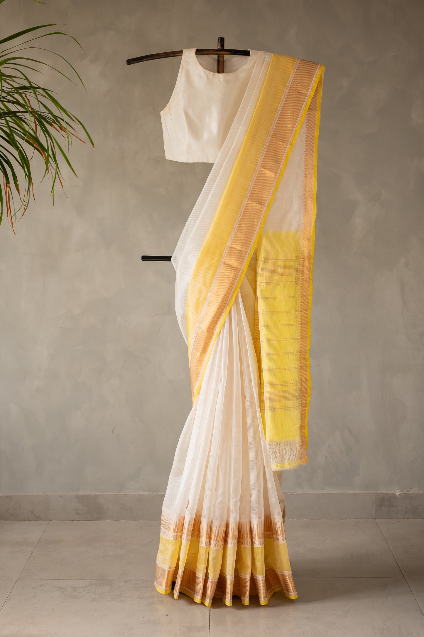 White and Yellow Plain Mangalagiri Silk Cotton with Zari Border Saree