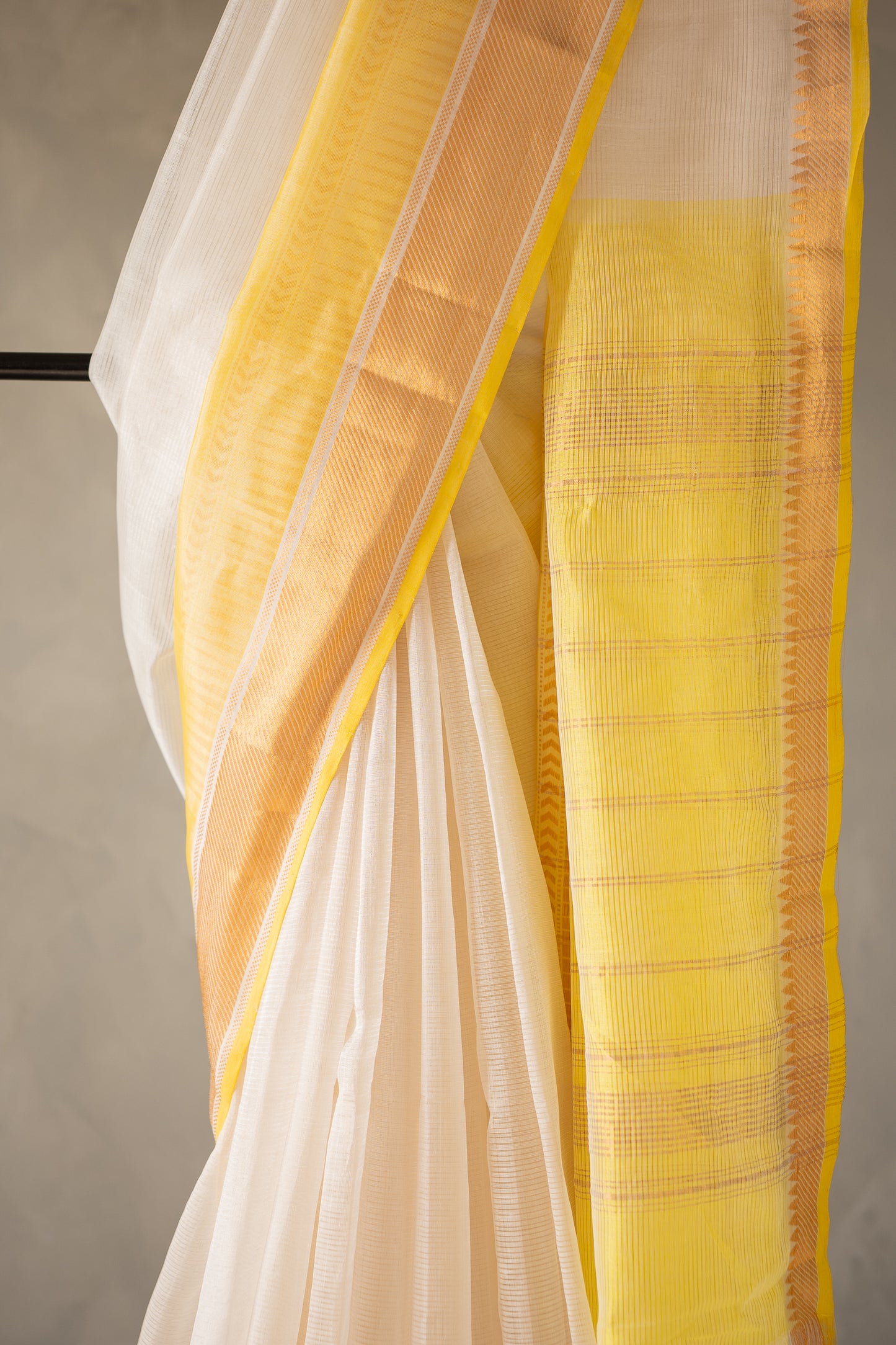 White and Yellow Plain Mangalagiri Silk Cotton with Zari Border Saree