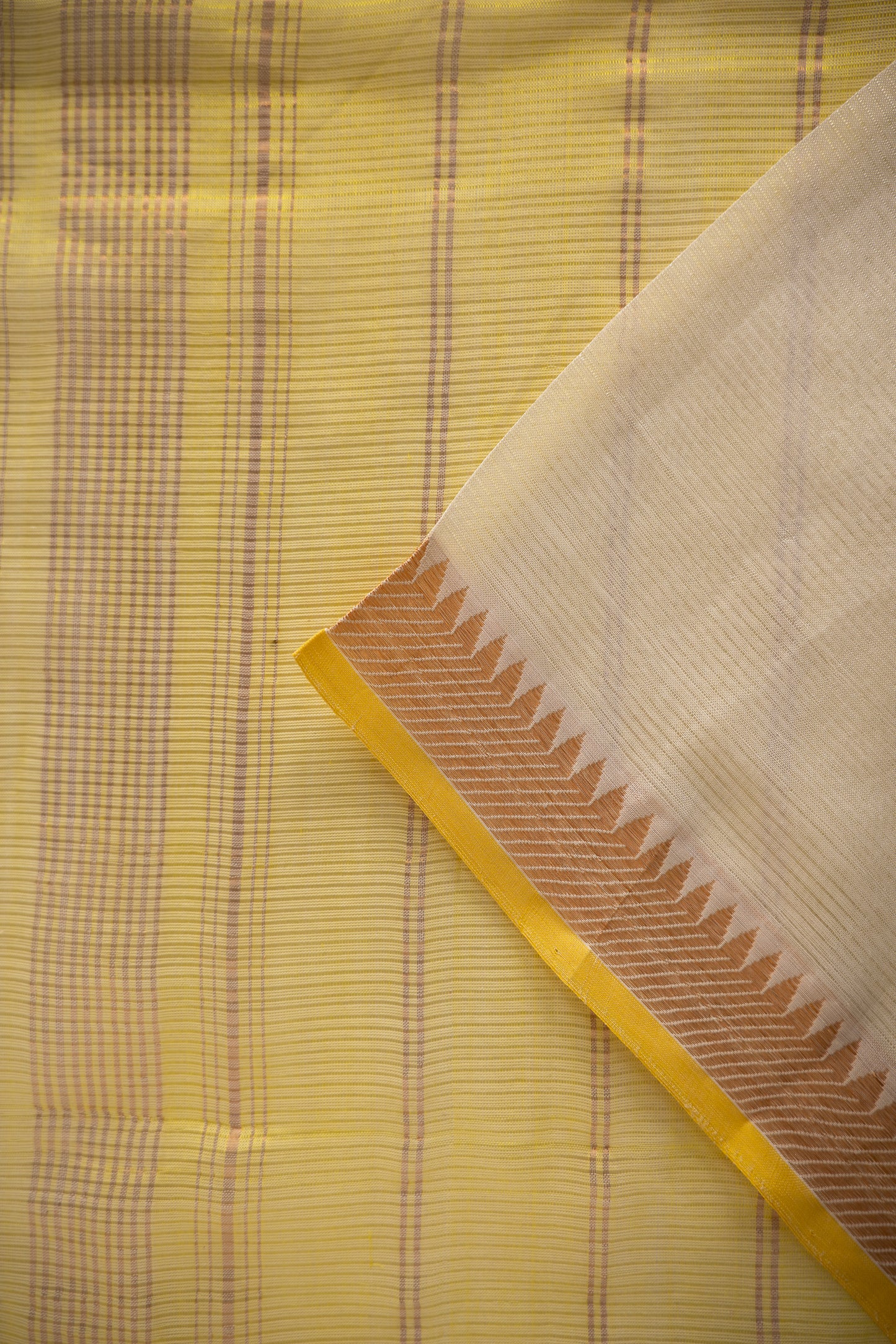 White and Yellow Plain Mangalagiri Silk Cotton with Zari Border Saree