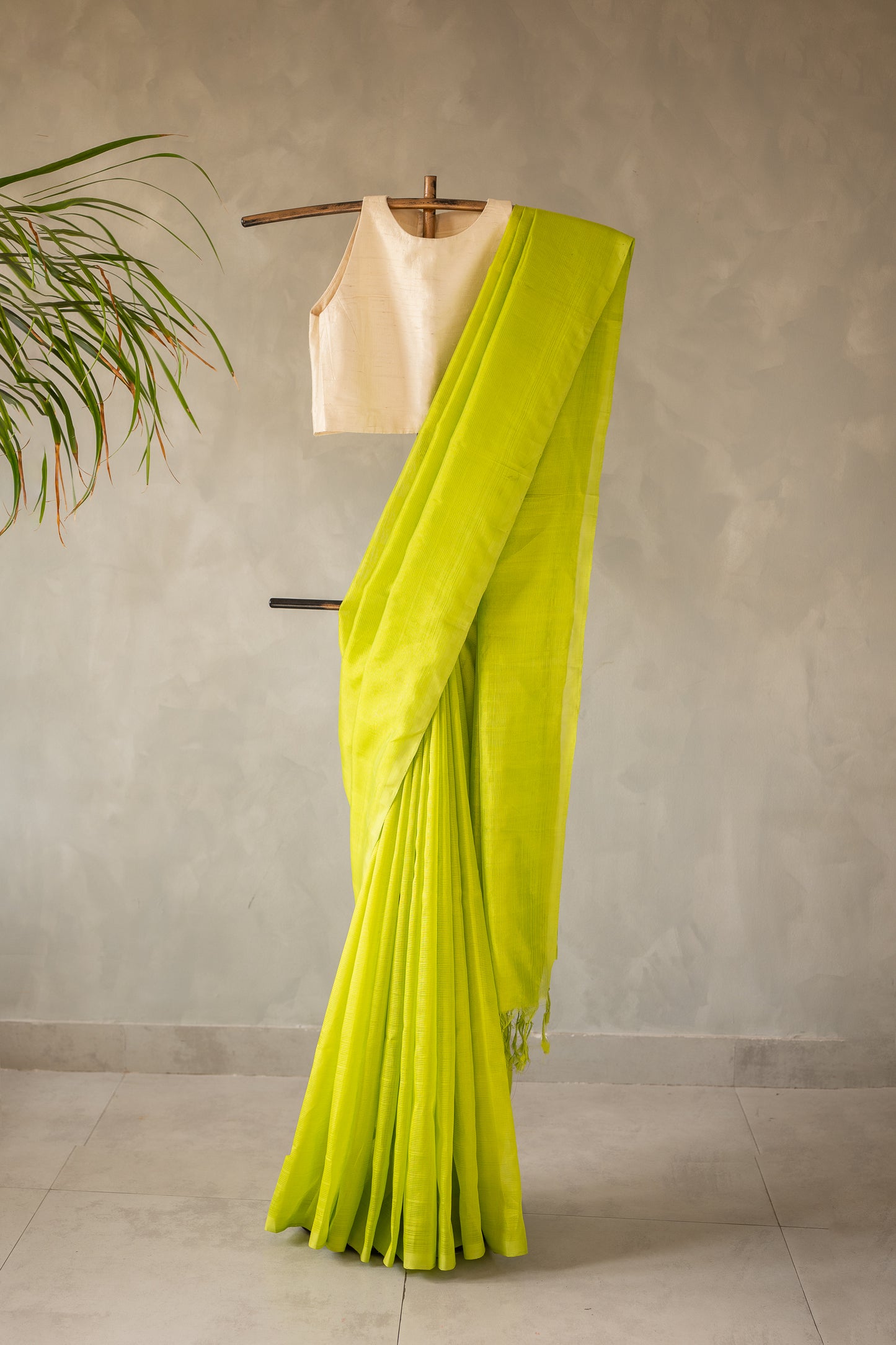 Lime Green Plain Mangalagiri Silk Cotton Saree