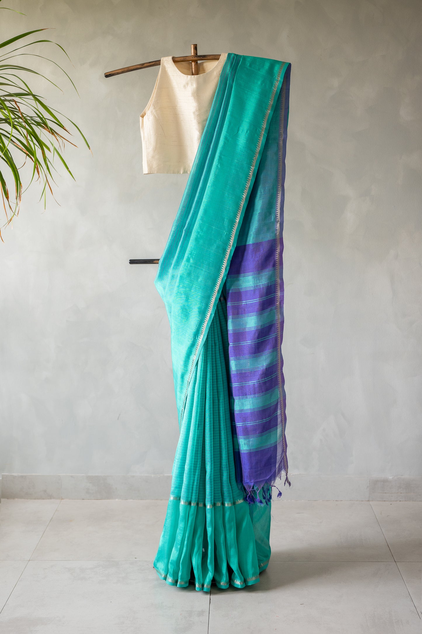 Turquoise Blue Mangalagiri Silk Cotton with Royal Purple Striped Pallu Saree