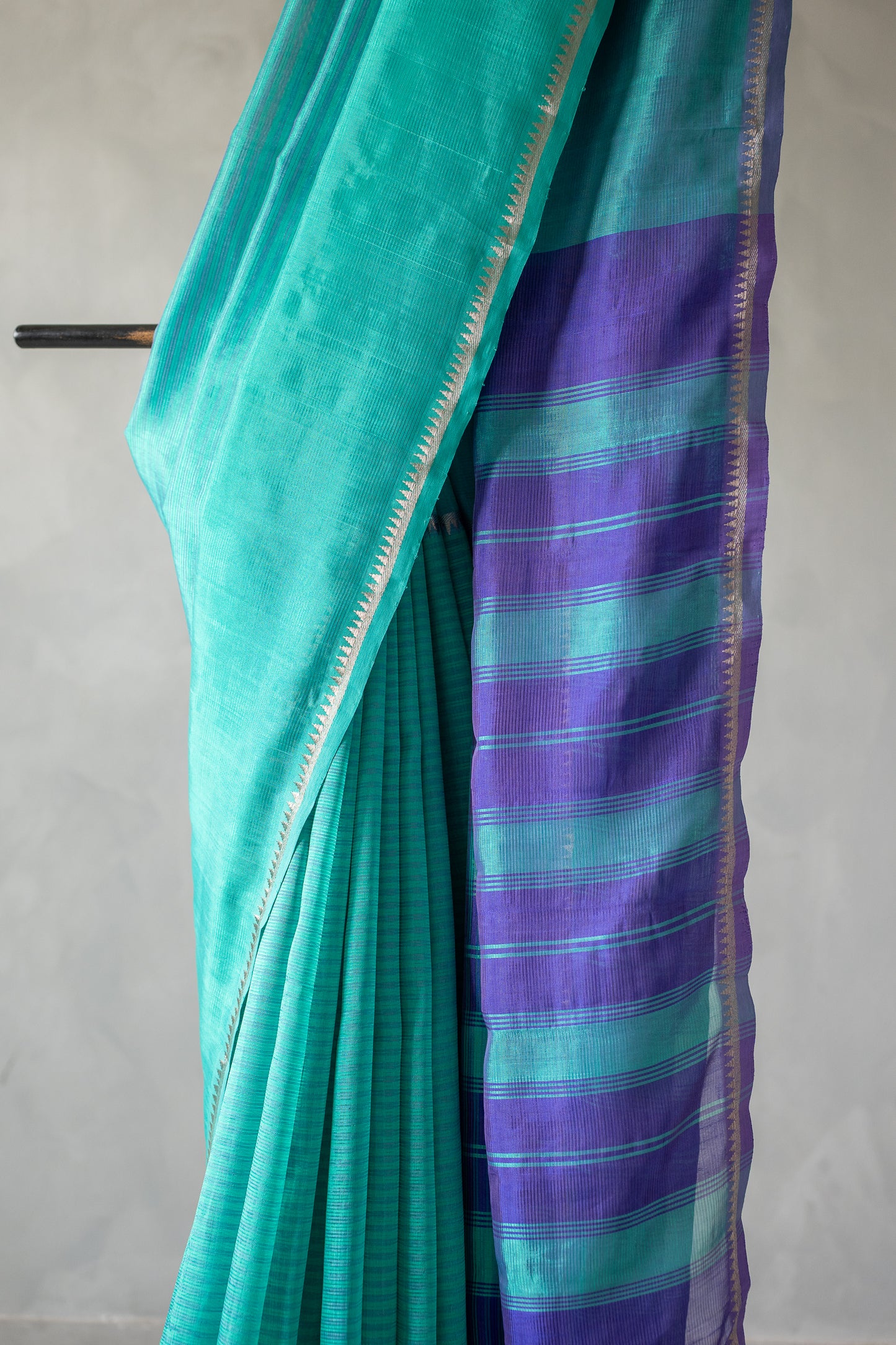 Turquoise Blue Mangalagiri Silk Cotton with Royal Purple Striped Pallu Saree