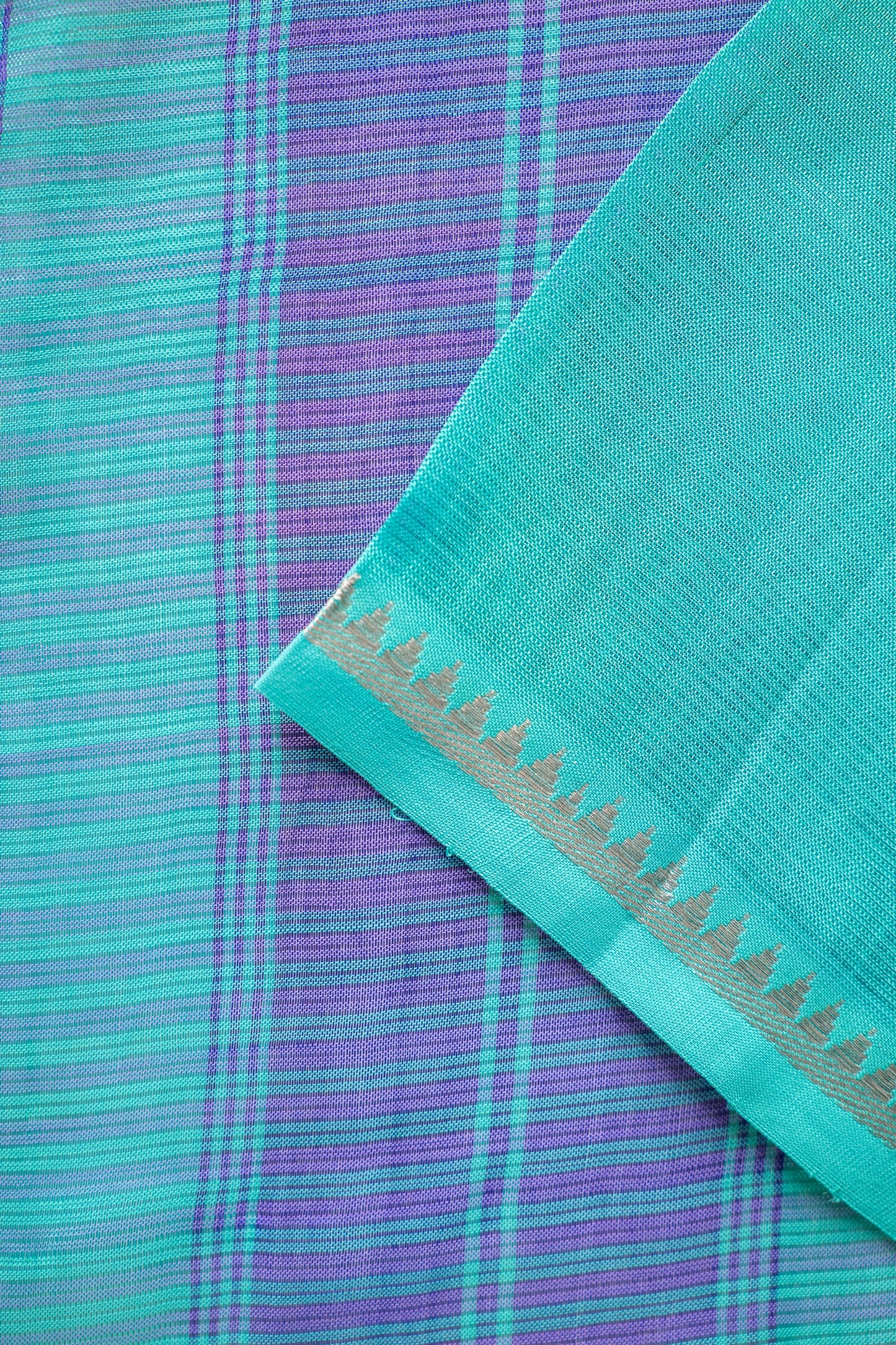 Turquoise Blue Mangalagiri Silk Cotton with Royal Purple Striped Pallu Saree