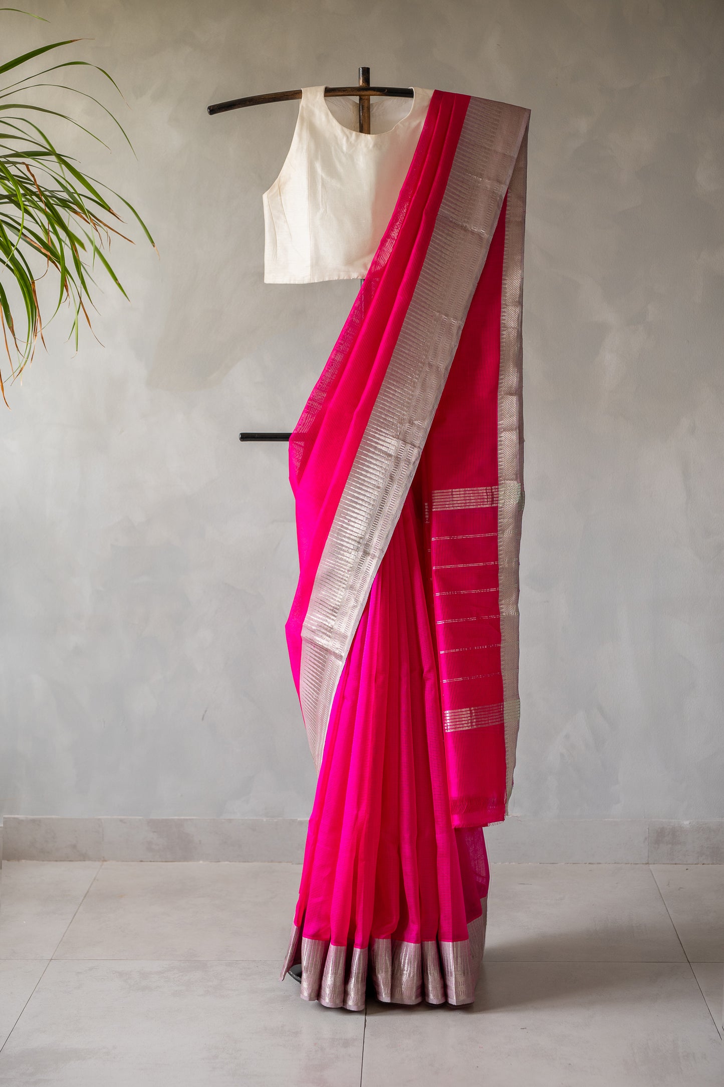 Hot Pink Mangalagiri Silk Cotton with Silver Zari Border and Striped Pallu Saree