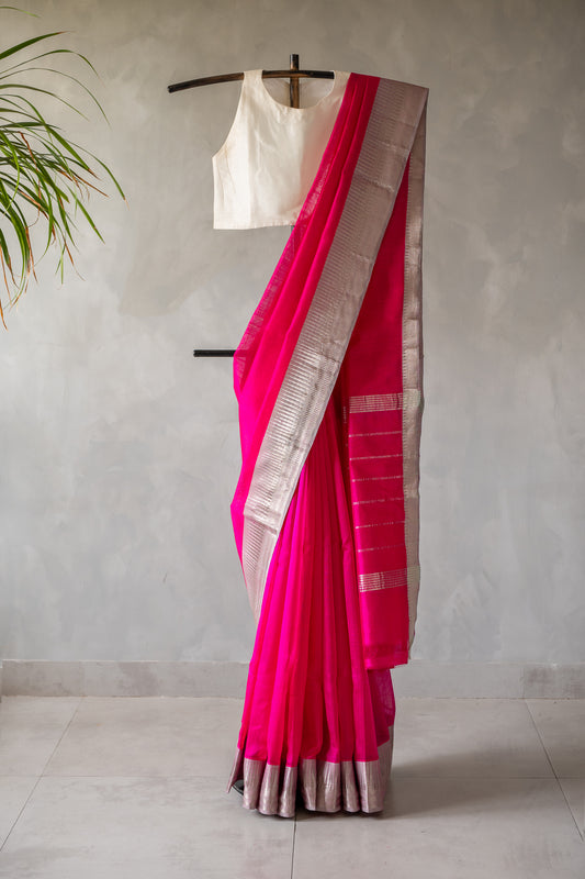 Hot Pink Mangalagiri Silk Cotton with Silver Zari Border and Striped Pallu Saree